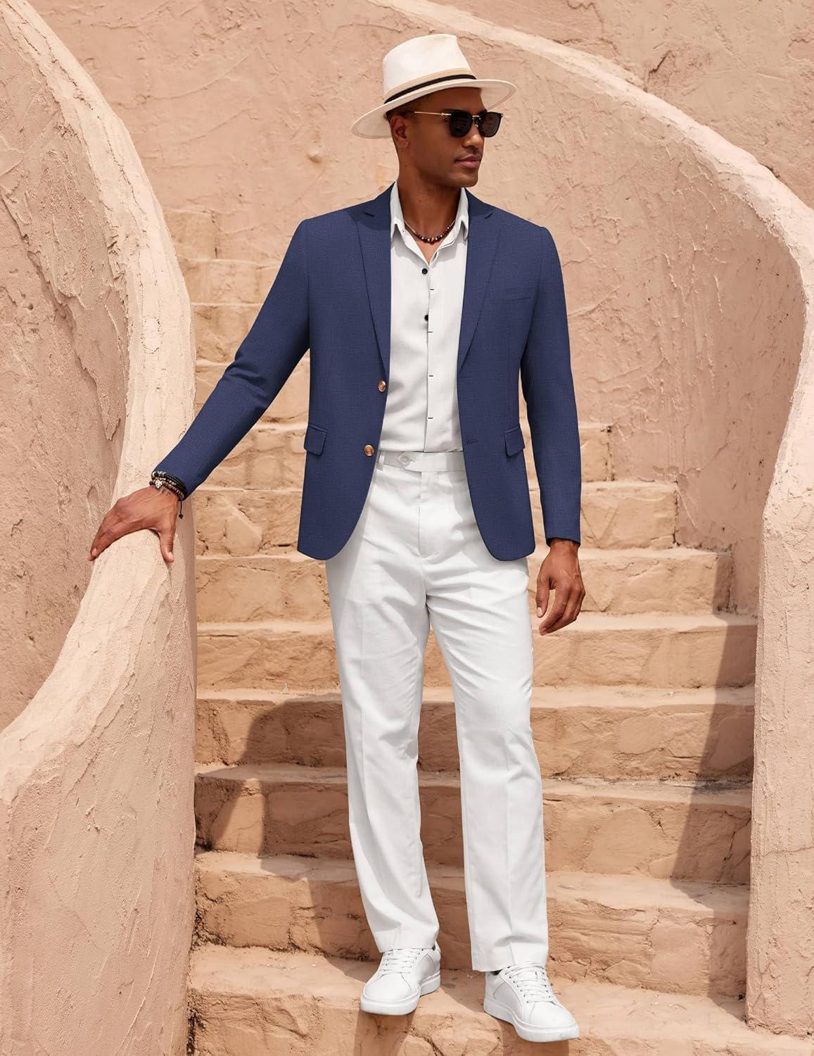 imageCOOFANDY Mens Casual Cotton Linen Blazer Lightweight Linen Sport Coat Two Button Suit JacketNavy Blue