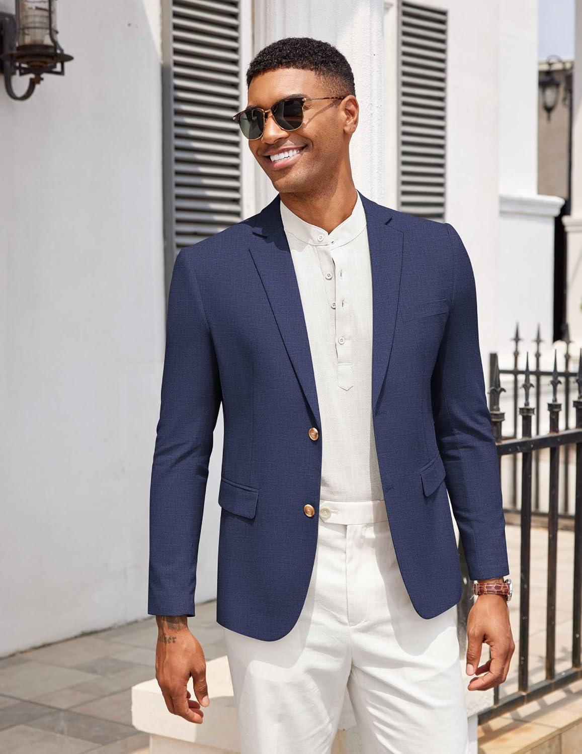 imageCOOFANDY Mens Casual Cotton Linen Blazer Lightweight Linen Sport Coat Two Button Suit JacketNavy Blue