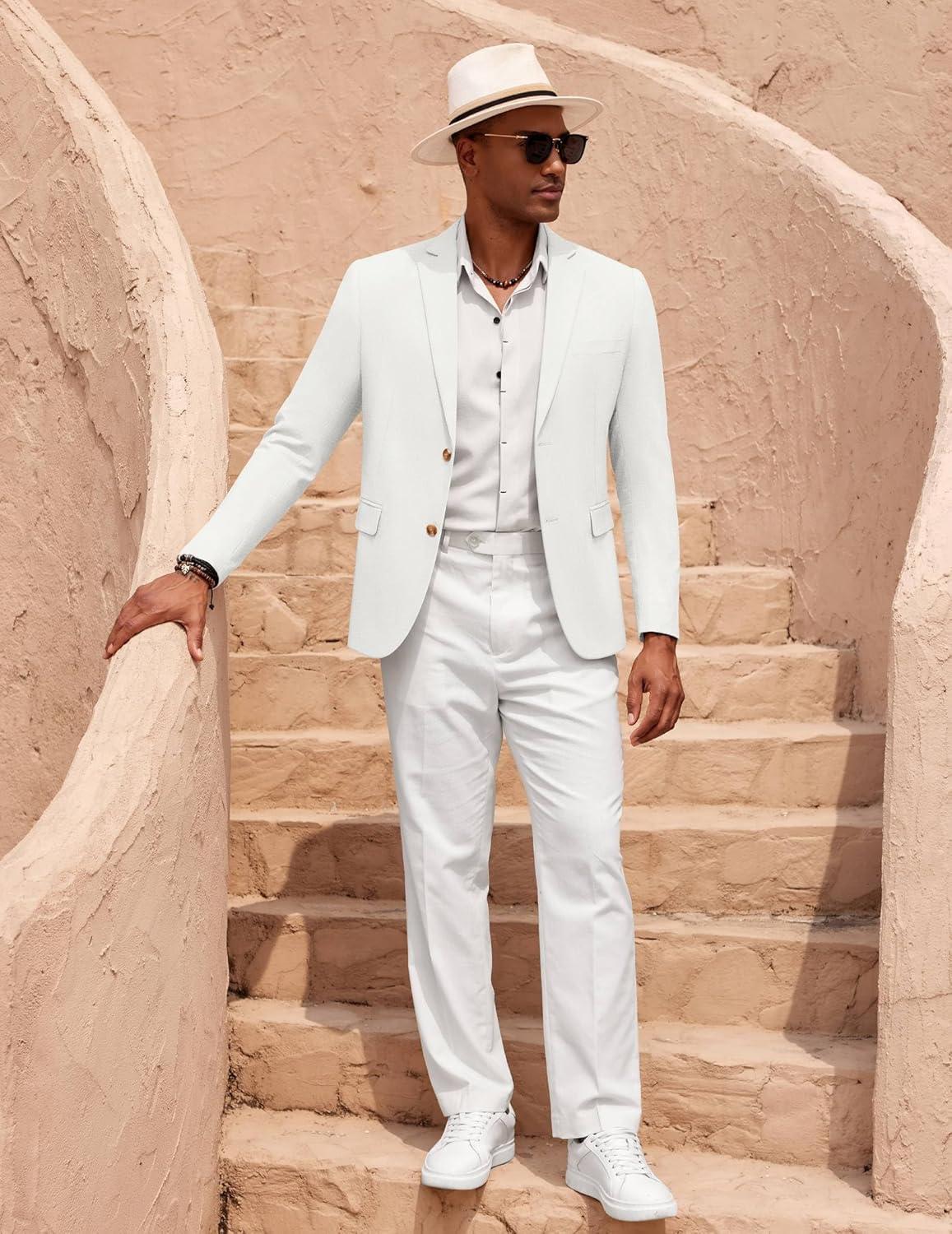 imageCOOFANDY Mens Casual Cotton Linen Blazer Lightweight Linen Sport Coat Two Button Suit JacketWhite
