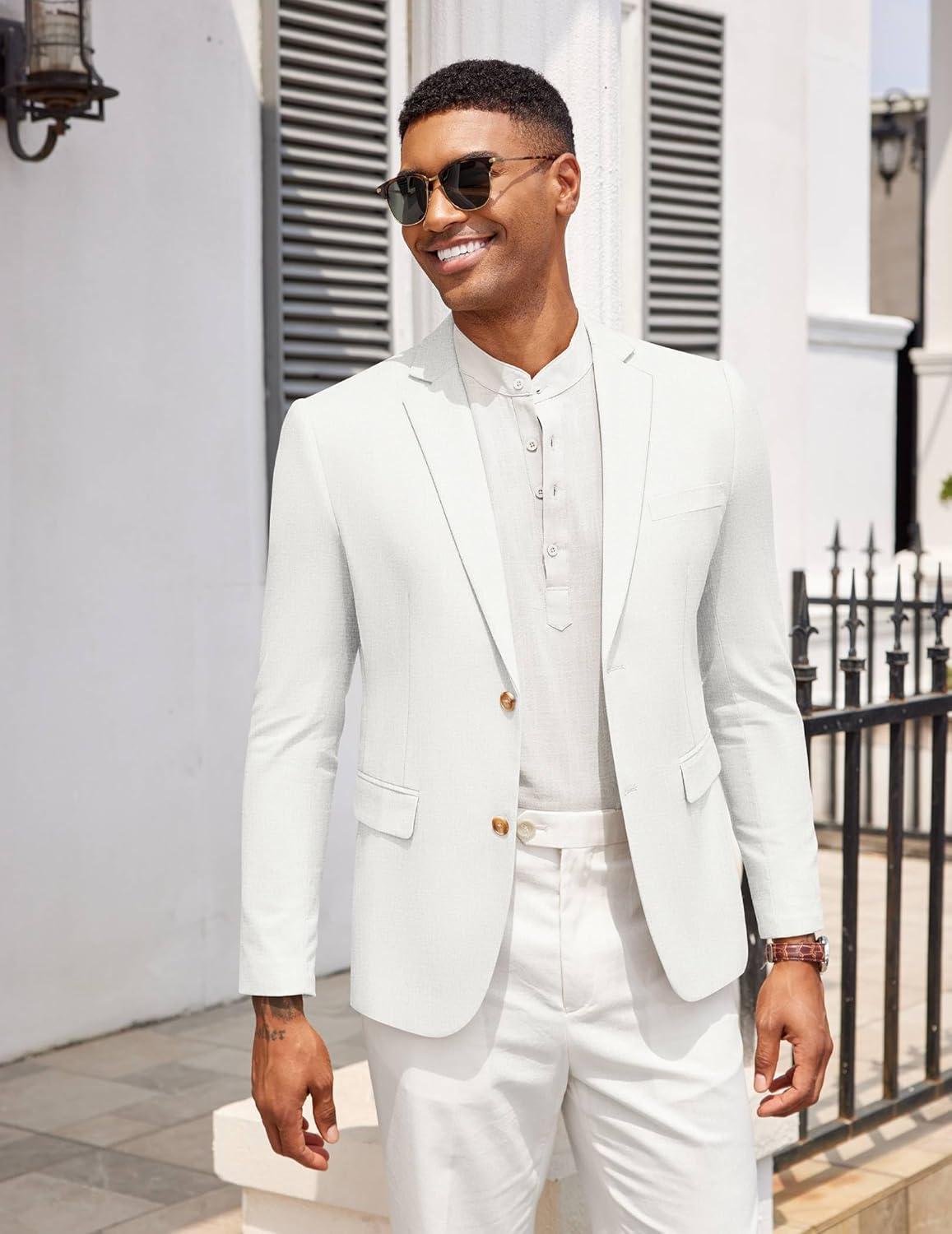 imageCOOFANDY Mens Casual Cotton Linen Blazer Lightweight Linen Sport Coat Two Button Suit JacketWhite