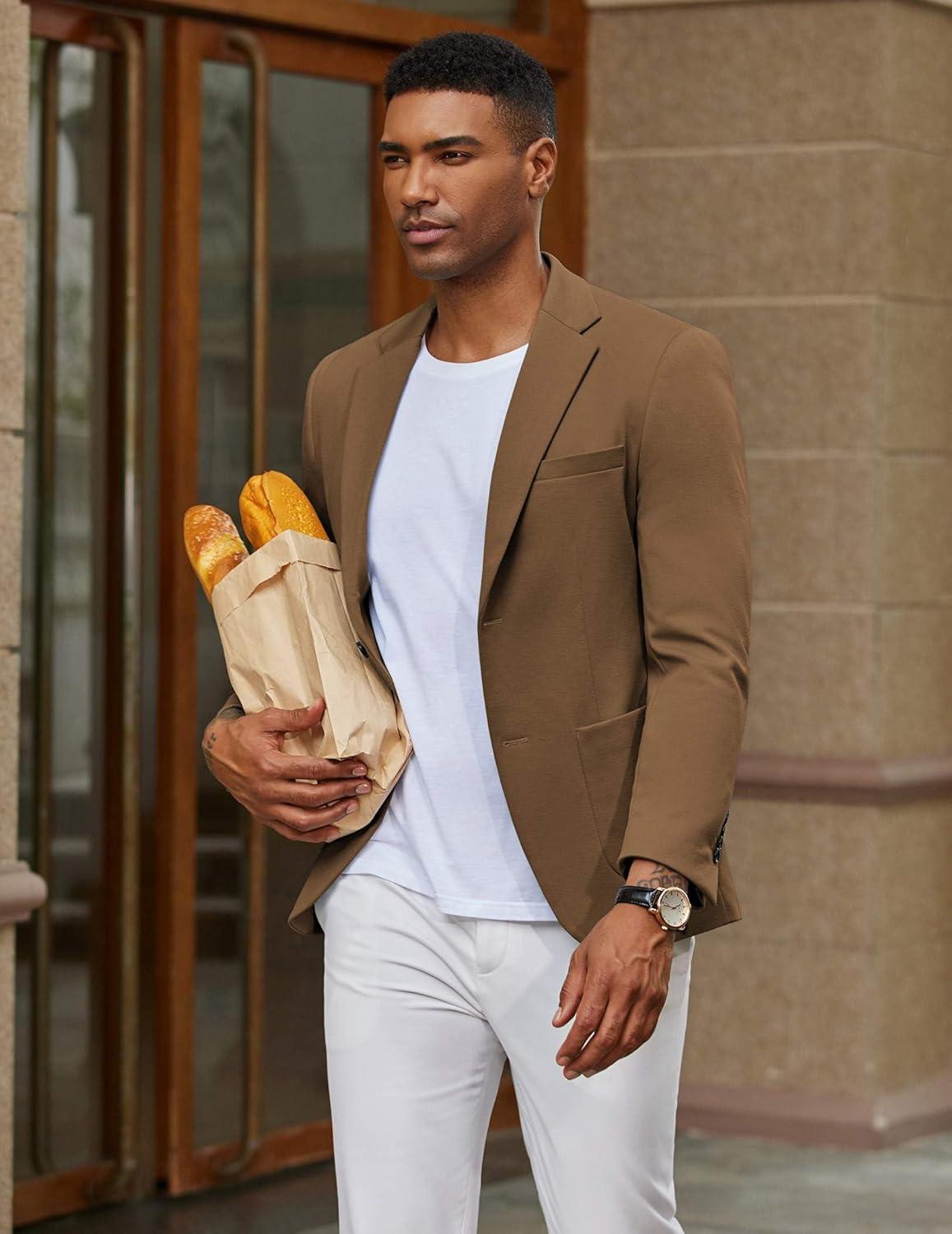 imageCOOFANDY Mens Casual Knit Blazer Slim Fit Lightweight Sport Coat Stretch Two Button Suit JacketBrown