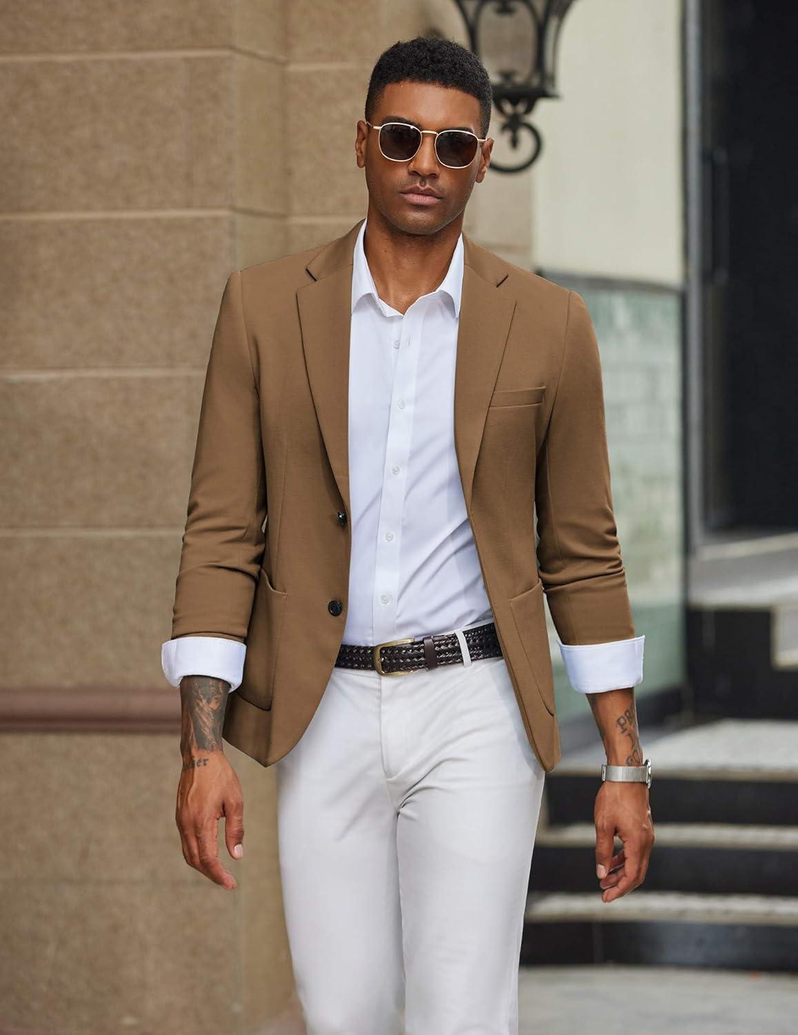 imageCOOFANDY Mens Casual Knit Blazer Slim Fit Lightweight Sport Coat Stretch Two Button Suit JacketBrown