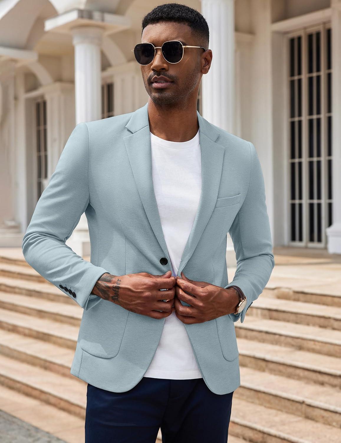 imageCOOFANDY Mens Casual Knit Blazer Slim Fit Lightweight Sport Coat Stretch Two Button Suit JacketLight Blue