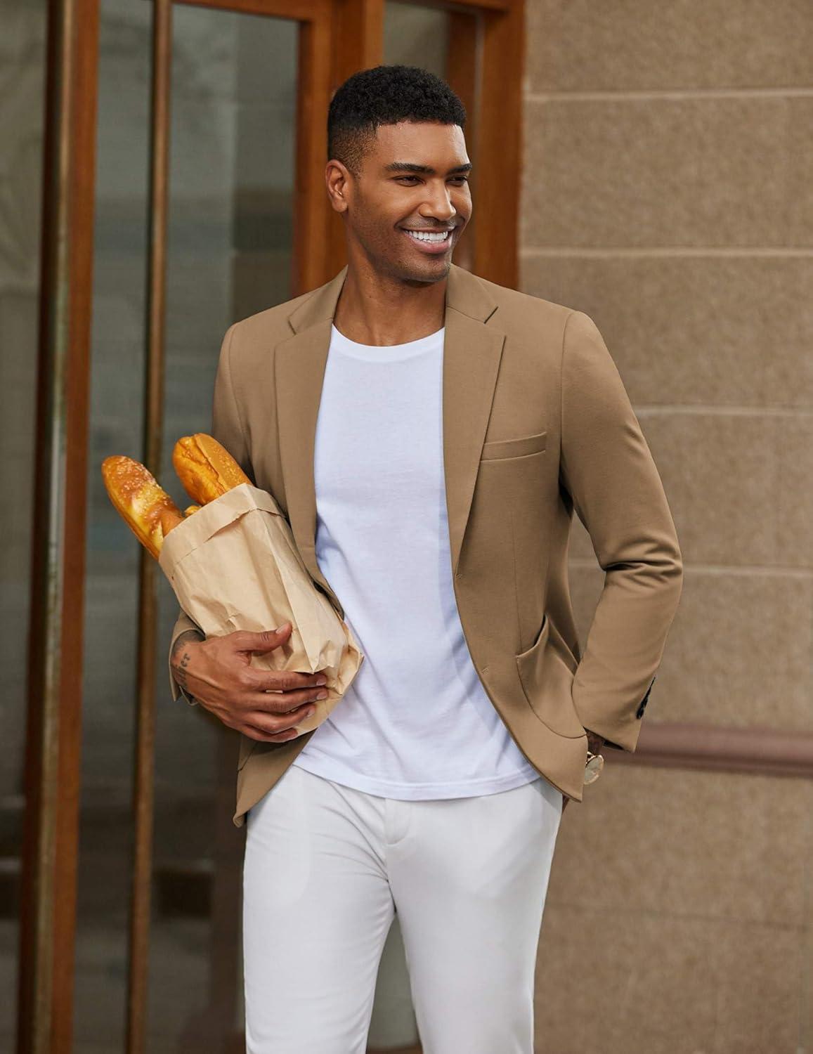 imageCOOFANDY Mens Casual Knit Blazer Slim Fit Lightweight Sport Coat Stretch Two Button Suit JacketLight Brown