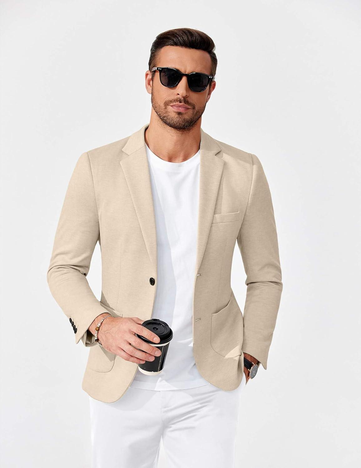 imageCOOFANDY Mens Casual Knit Blazer Slim Fit Lightweight Sport Coat Stretch Two Button Suit JacketLight Khaki