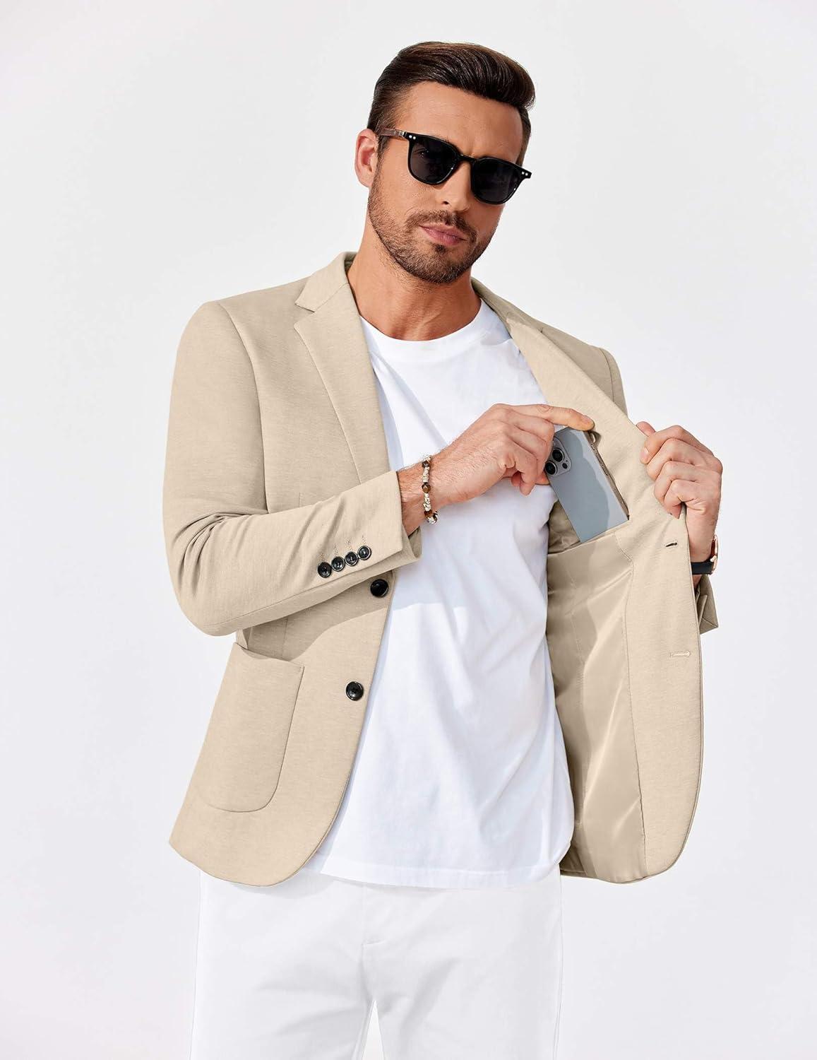 imageCOOFANDY Mens Casual Knit Blazer Slim Fit Lightweight Sport Coat Stretch Two Button Suit JacketLight Khaki