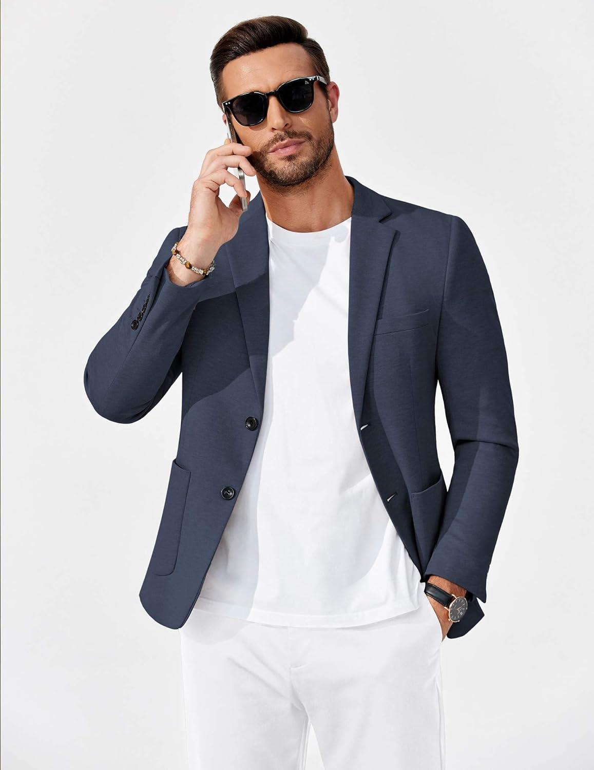 imageCOOFANDY Mens Casual Knit Blazer Slim Fit Lightweight Sport Coat Stretch Two Button Suit JacketNavy Blue