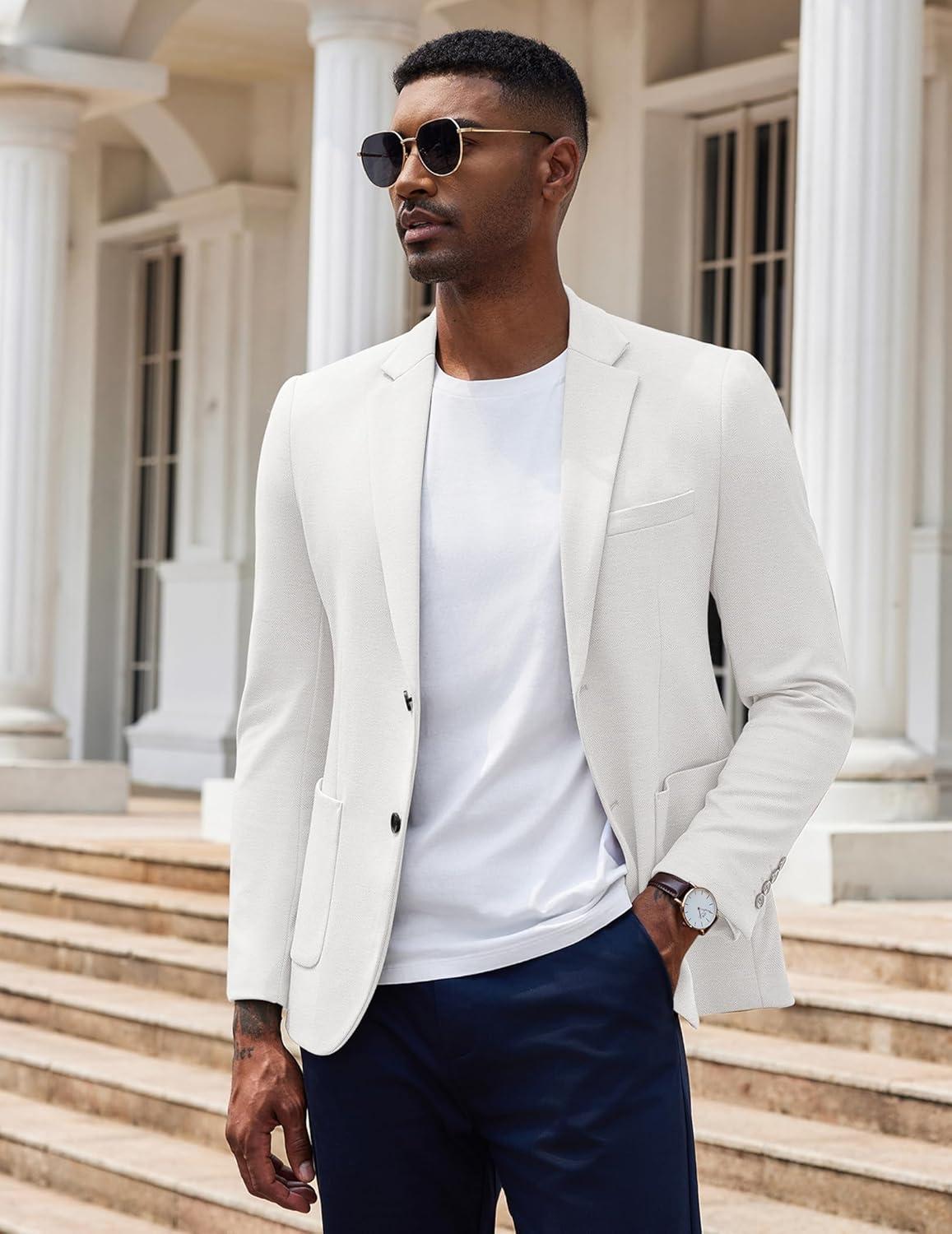 imageCOOFANDY Mens Casual Knit Blazer Slim Fit Lightweight Sport Coat Stretch Two Button Suit JacketWhite
