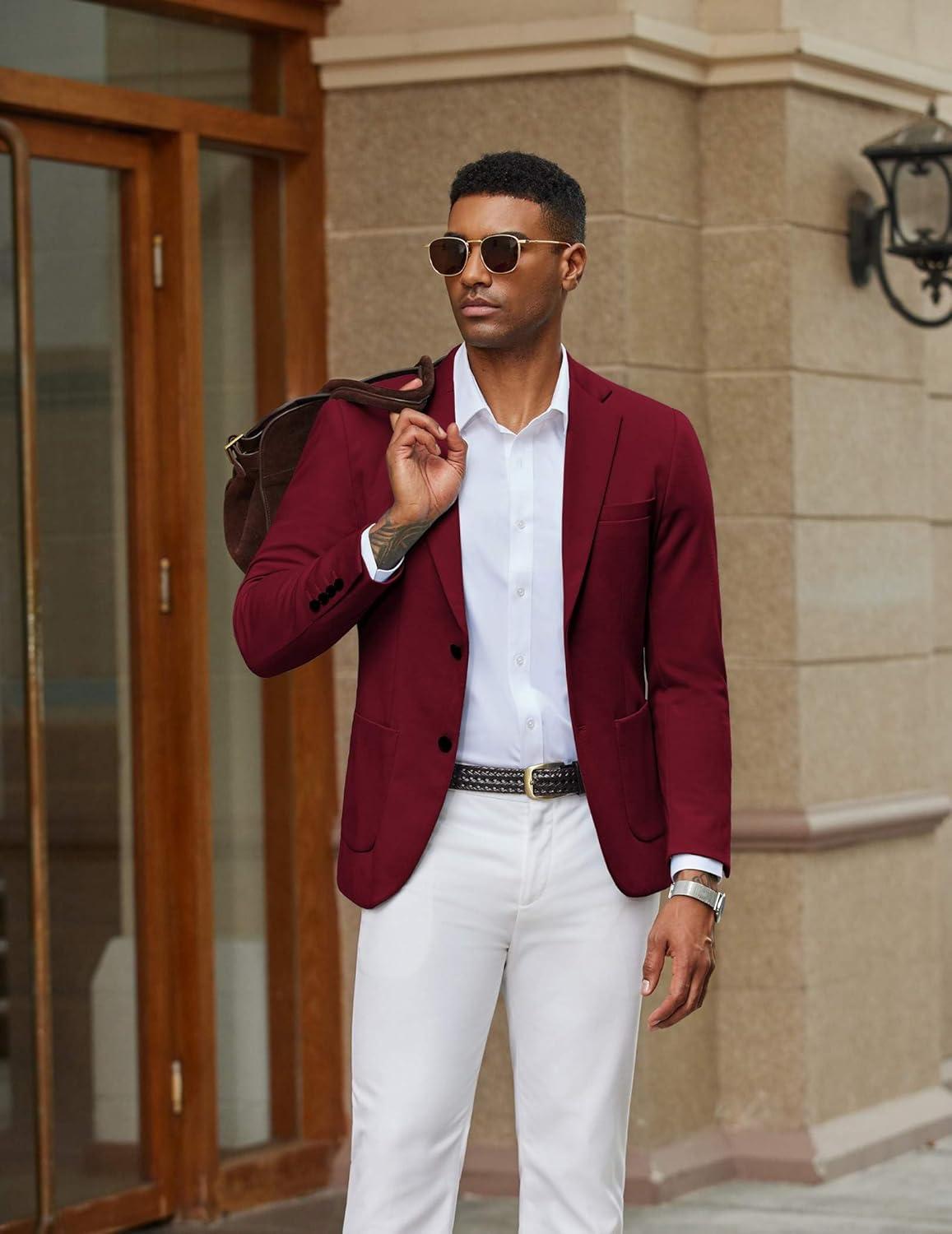 imageCOOFANDY Mens Casual Knit Blazer Slim Fit Lightweight Sport Coat Stretch Two Button Suit JacketWine Red
