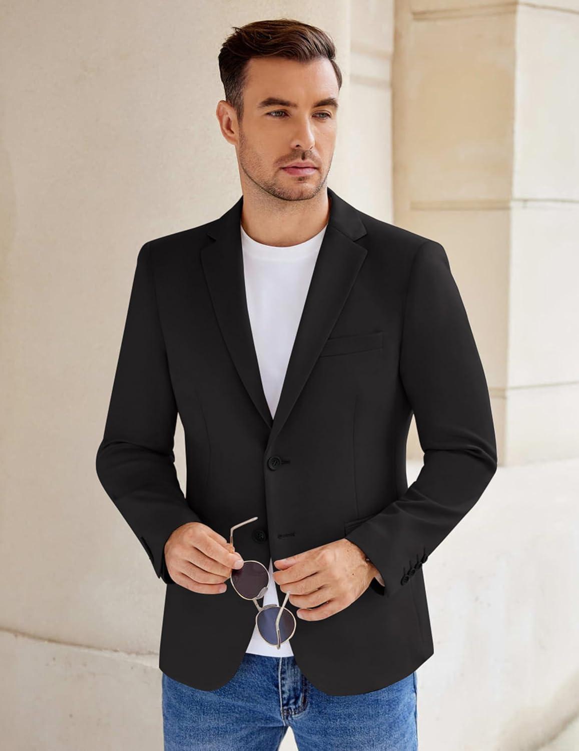 imageCOOFANDY Mens Casual Knit Blazer Stretch Slim Fit Sport Coat Two Button Lightweight Suit JacketsBlack