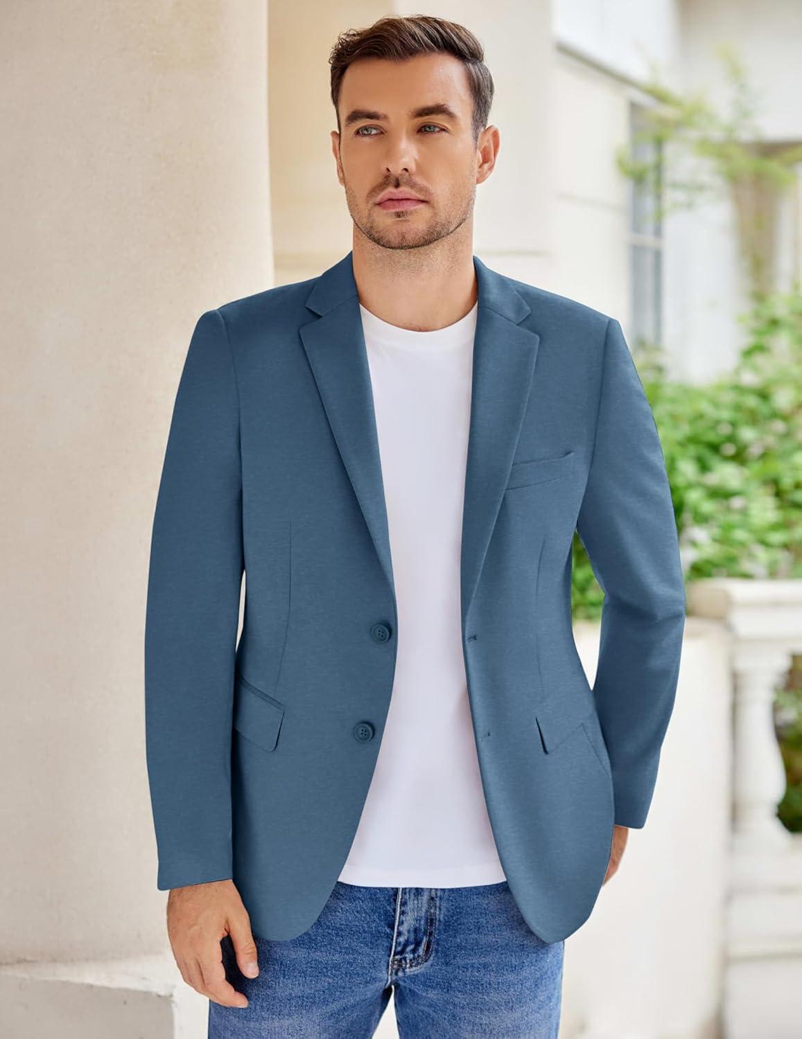 imageCOOFANDY Mens Casual Knit Blazer Stretch Slim Fit Sport Coat Two Button Lightweight Suit JacketsBlue
