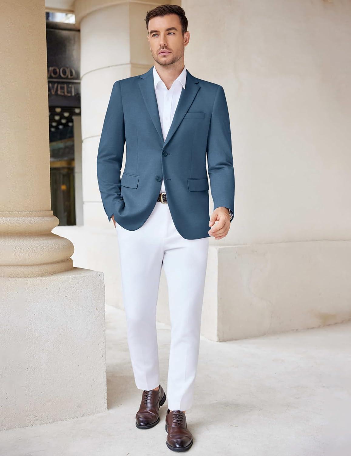 imageCOOFANDY Mens Casual Knit Blazer Stretch Slim Fit Sport Coat Two Button Lightweight Suit JacketsBlue