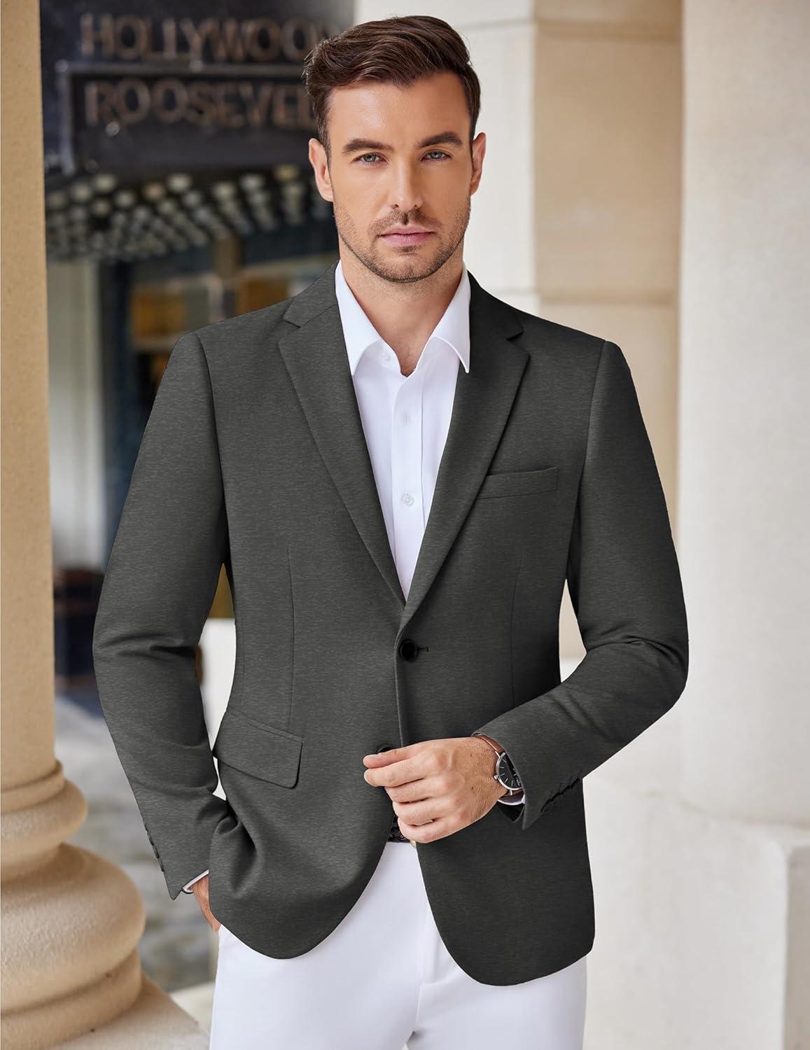 imageCOOFANDY Mens Casual Knit Blazer Stretch Slim Fit Sport Coat Two Button Lightweight Suit JacketsDark Heather Grey