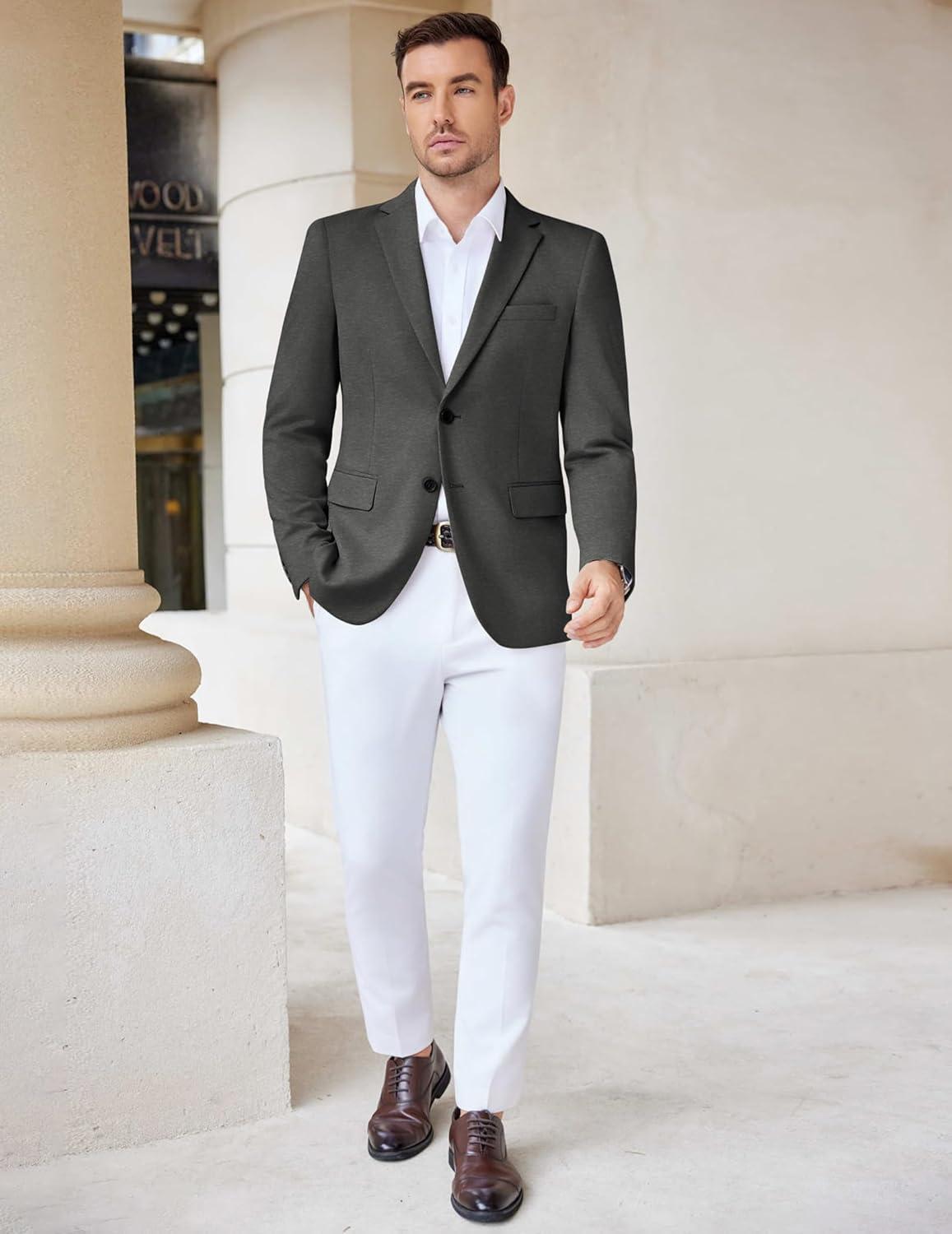 imageCOOFANDY Mens Casual Knit Blazer Stretch Slim Fit Sport Coat Two Button Lightweight Suit JacketsDark Heather Grey