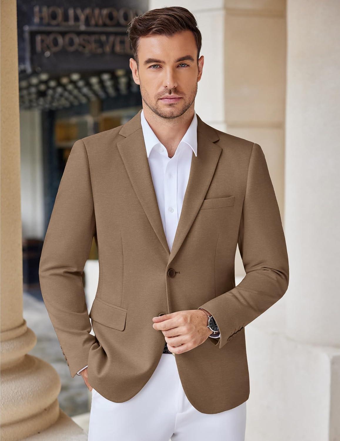 imageCOOFANDY Mens Casual Knit Blazer Stretch Slim Fit Sport Coat Two Button Lightweight Suit JacketsLight Brown