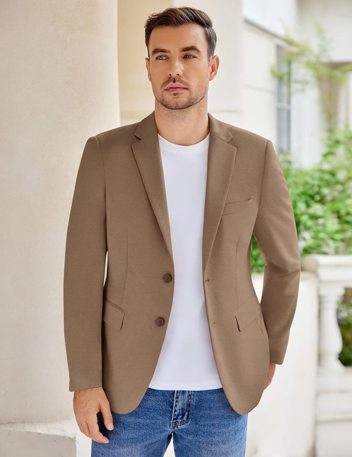 imageCOOFANDY Mens Casual Knit Blazer Stretch Slim Fit Sport Coat Two Button Lightweight Suit JacketsLight Brown