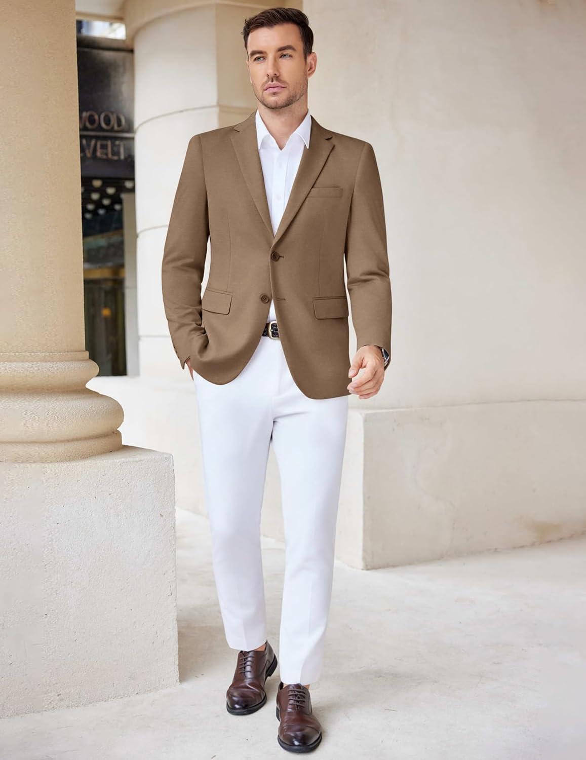 imageCOOFANDY Mens Casual Knit Blazer Stretch Slim Fit Sport Coat Two Button Lightweight Suit JacketsLight Brown