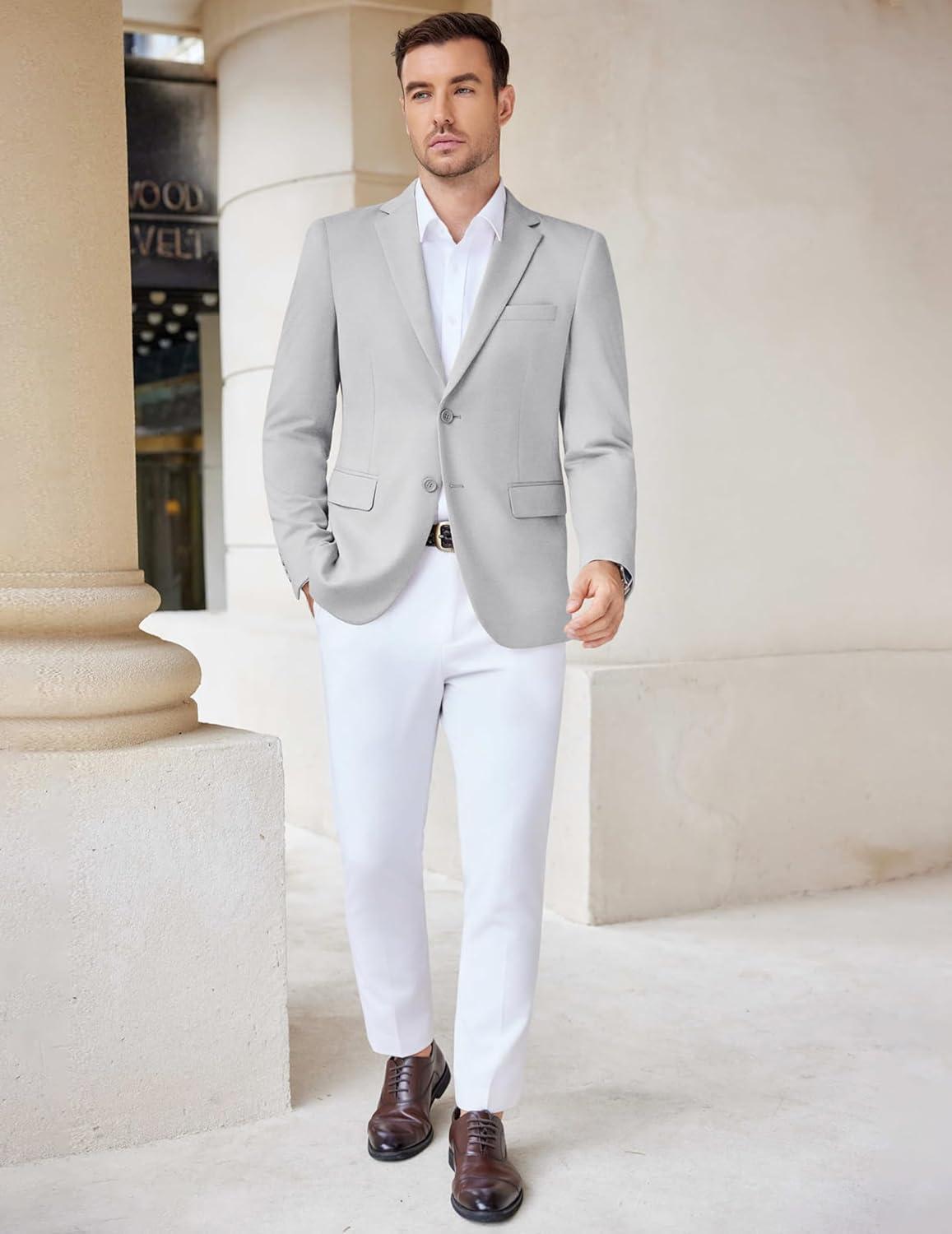 imageCOOFANDY Mens Casual Knit Blazer Stretch Slim Fit Sport Coat Two Button Lightweight Suit JacketsLight Heather Grey