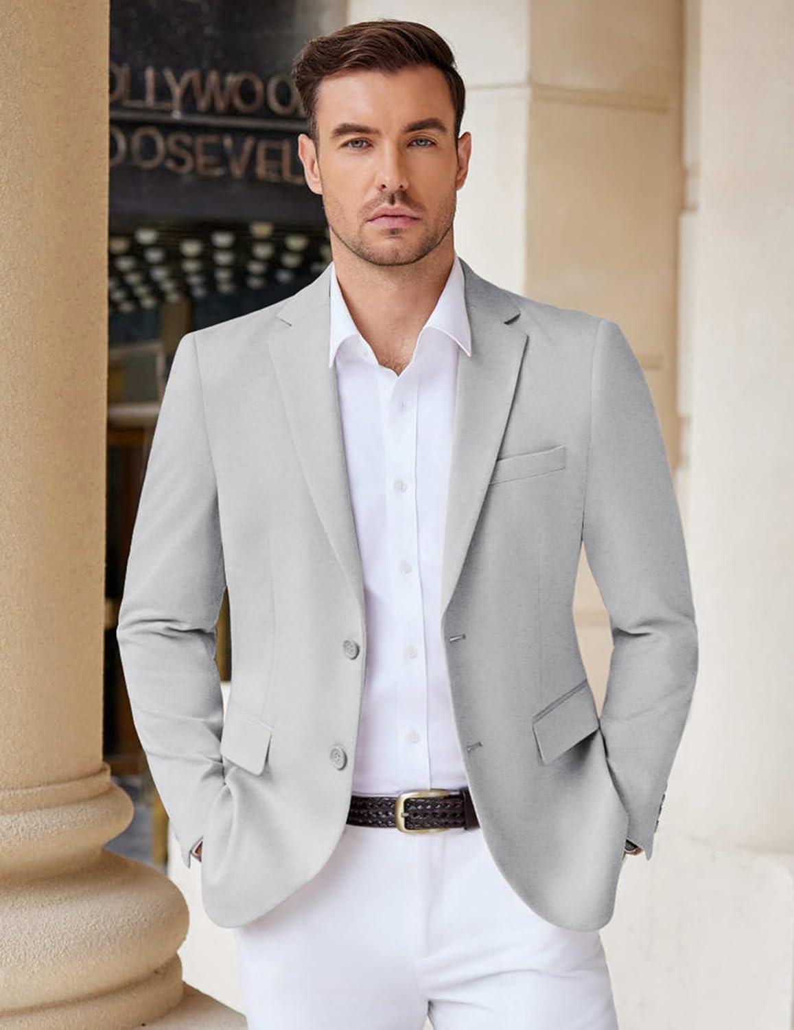 imageCOOFANDY Mens Casual Knit Blazer Stretch Slim Fit Sport Coat Two Button Lightweight Suit JacketsLight Heather Grey