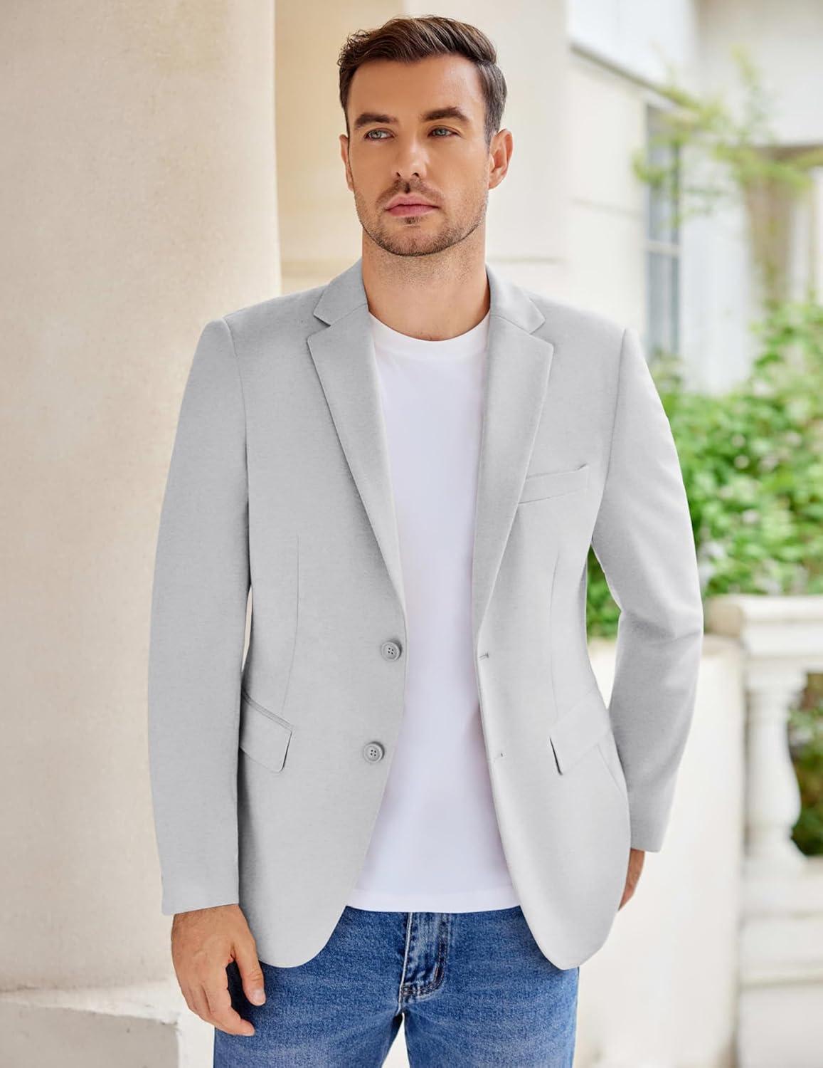 imageCOOFANDY Mens Casual Knit Blazer Stretch Slim Fit Sport Coat Two Button Lightweight Suit JacketsLight Heather Grey