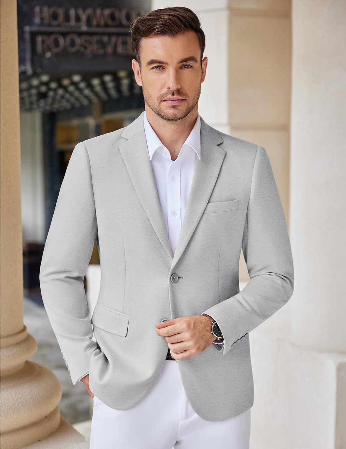 imageCOOFANDY Mens Casual Knit Blazer Stretch Slim Fit Sport Coat Two Button Lightweight Suit JacketsLight Heather Grey