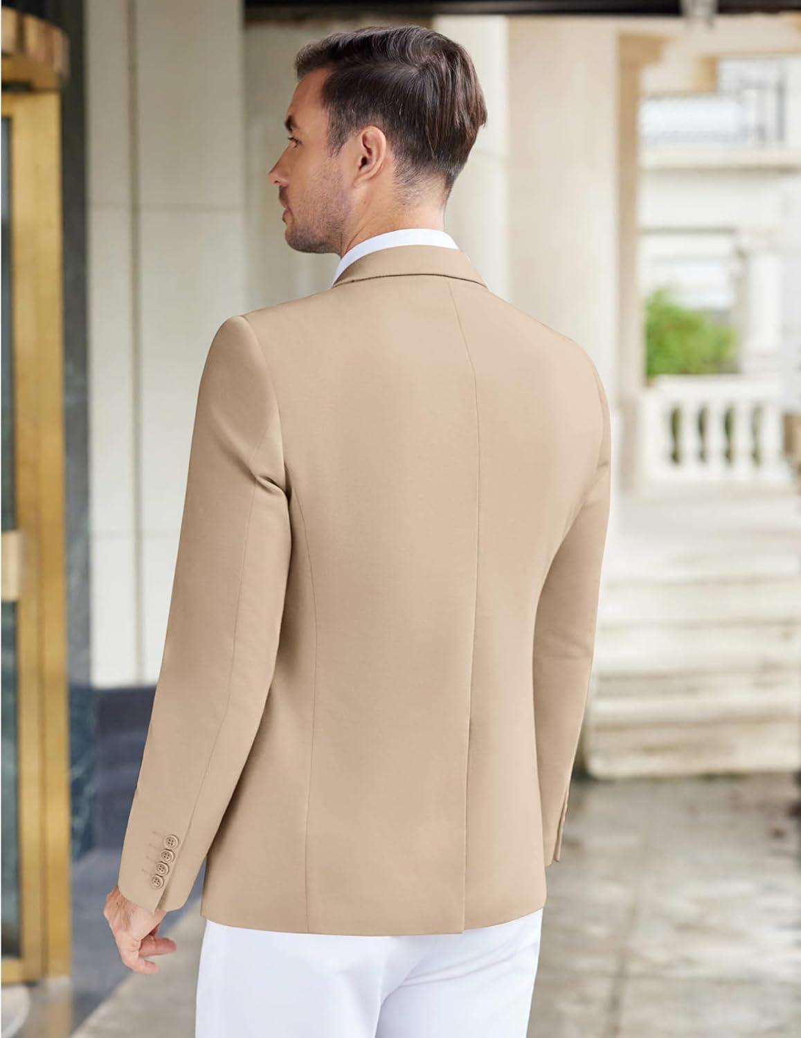 imageCOOFANDY Mens Casual Knit Blazer Stretch Slim Fit Sport Coat Two Button Lightweight Suit JacketsLight Khaki