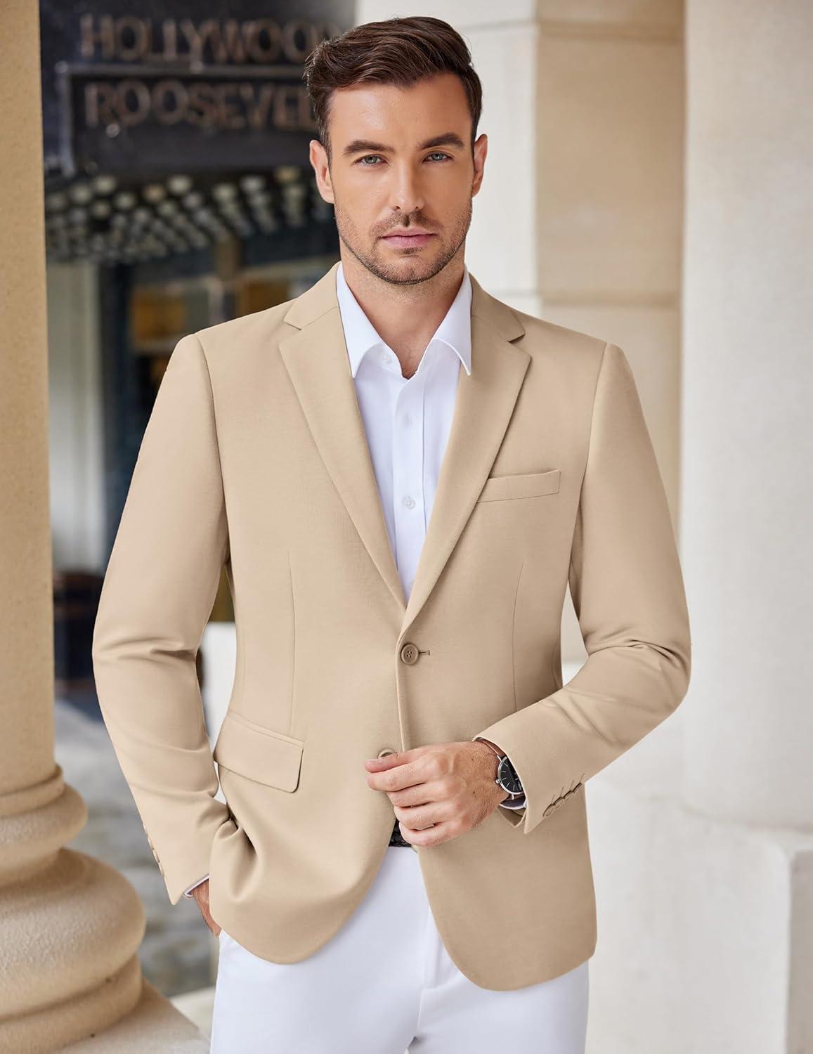 imageCOOFANDY Mens Casual Knit Blazer Stretch Slim Fit Sport Coat Two Button Lightweight Suit JacketsLight Khaki
