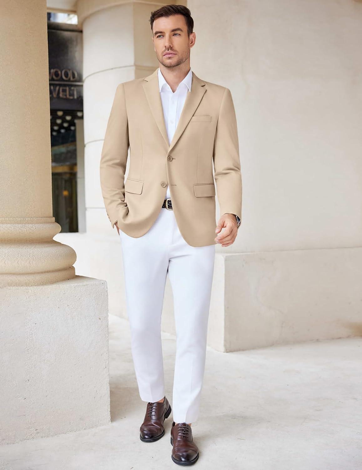 imageCOOFANDY Mens Casual Knit Blazer Stretch Slim Fit Sport Coat Two Button Lightweight Suit JacketsLight Khaki