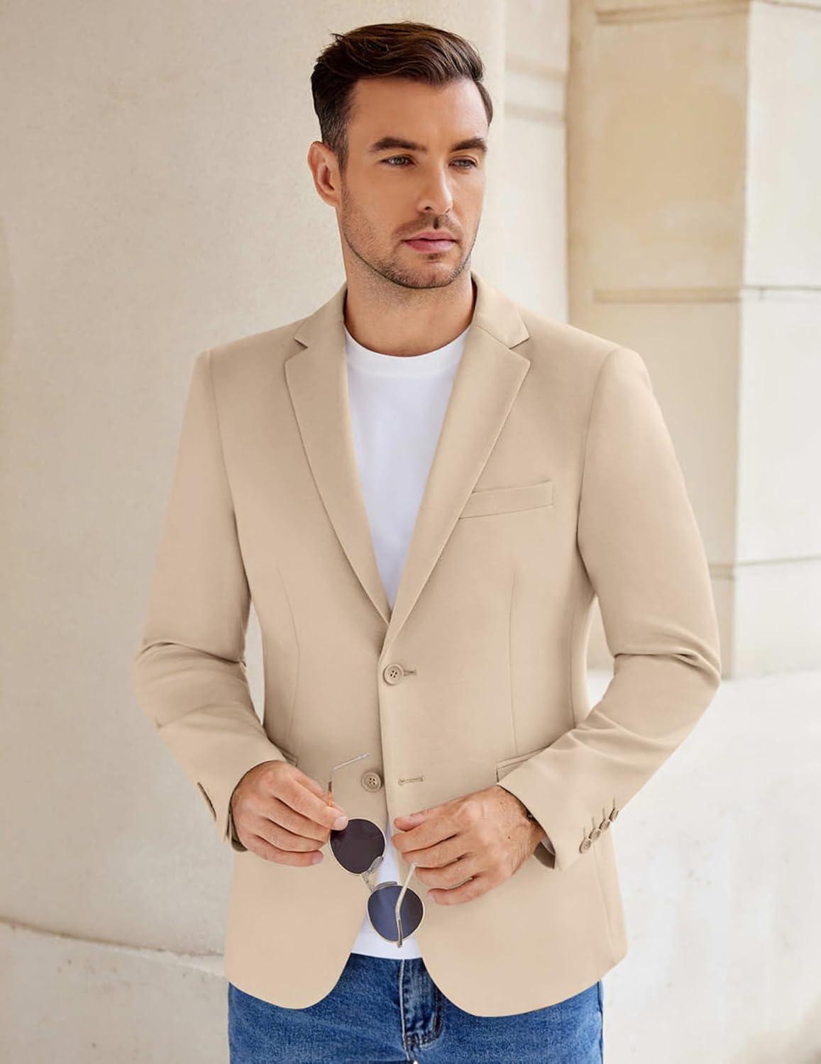 imageCOOFANDY Mens Casual Knit Blazer Stretch Slim Fit Sport Coat Two Button Lightweight Suit JacketsLight Khaki