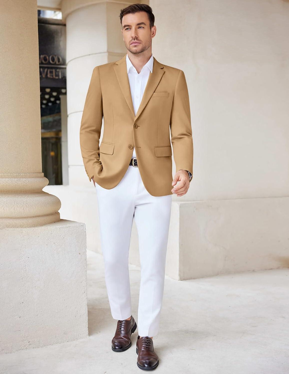 imageCOOFANDY Mens Casual Knit Blazer Stretch Slim Fit Sport Coat Two Button Lightweight Suit JacketsLight Tan