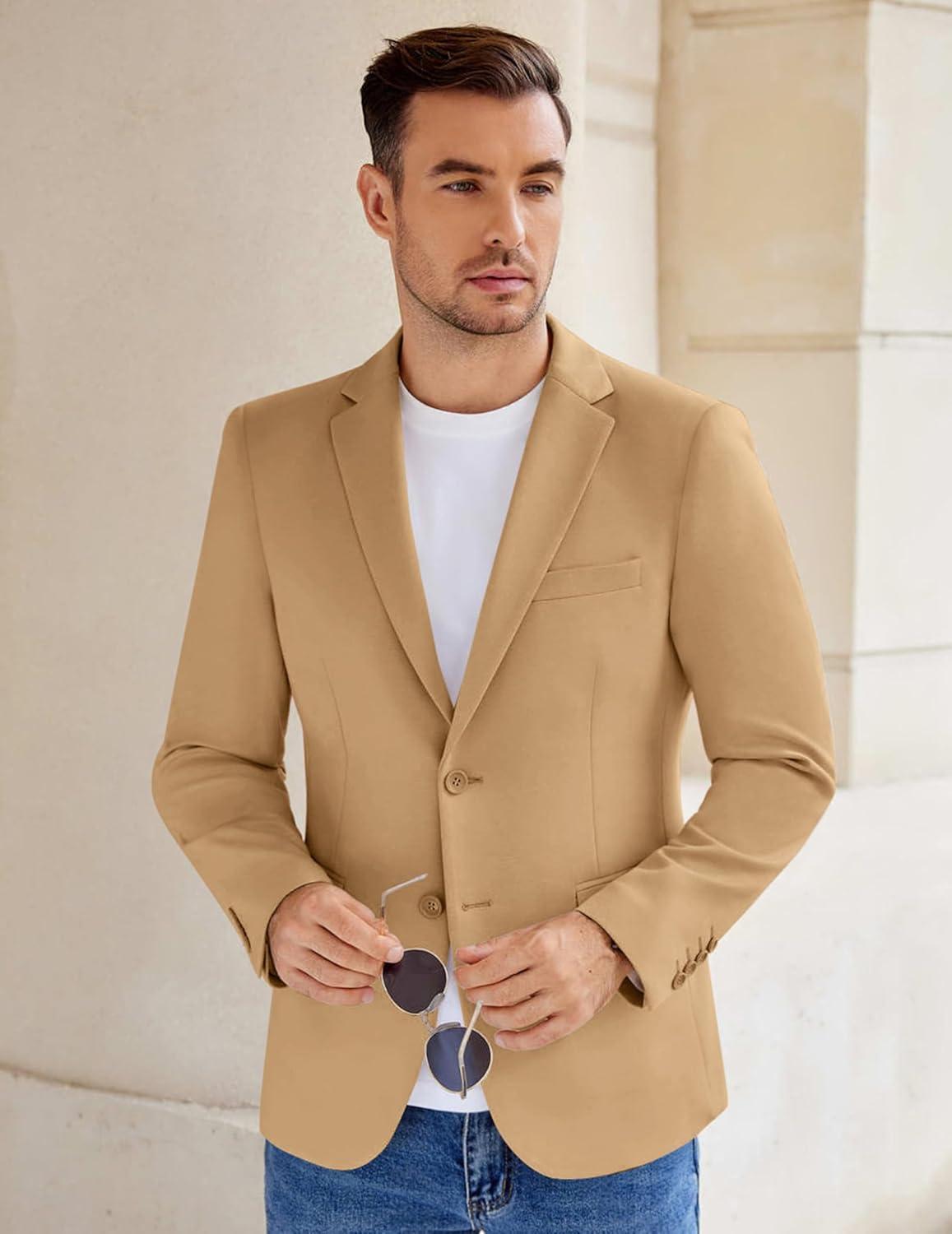 imageCOOFANDY Mens Casual Knit Blazer Stretch Slim Fit Sport Coat Two Button Lightweight Suit JacketsLight Tan