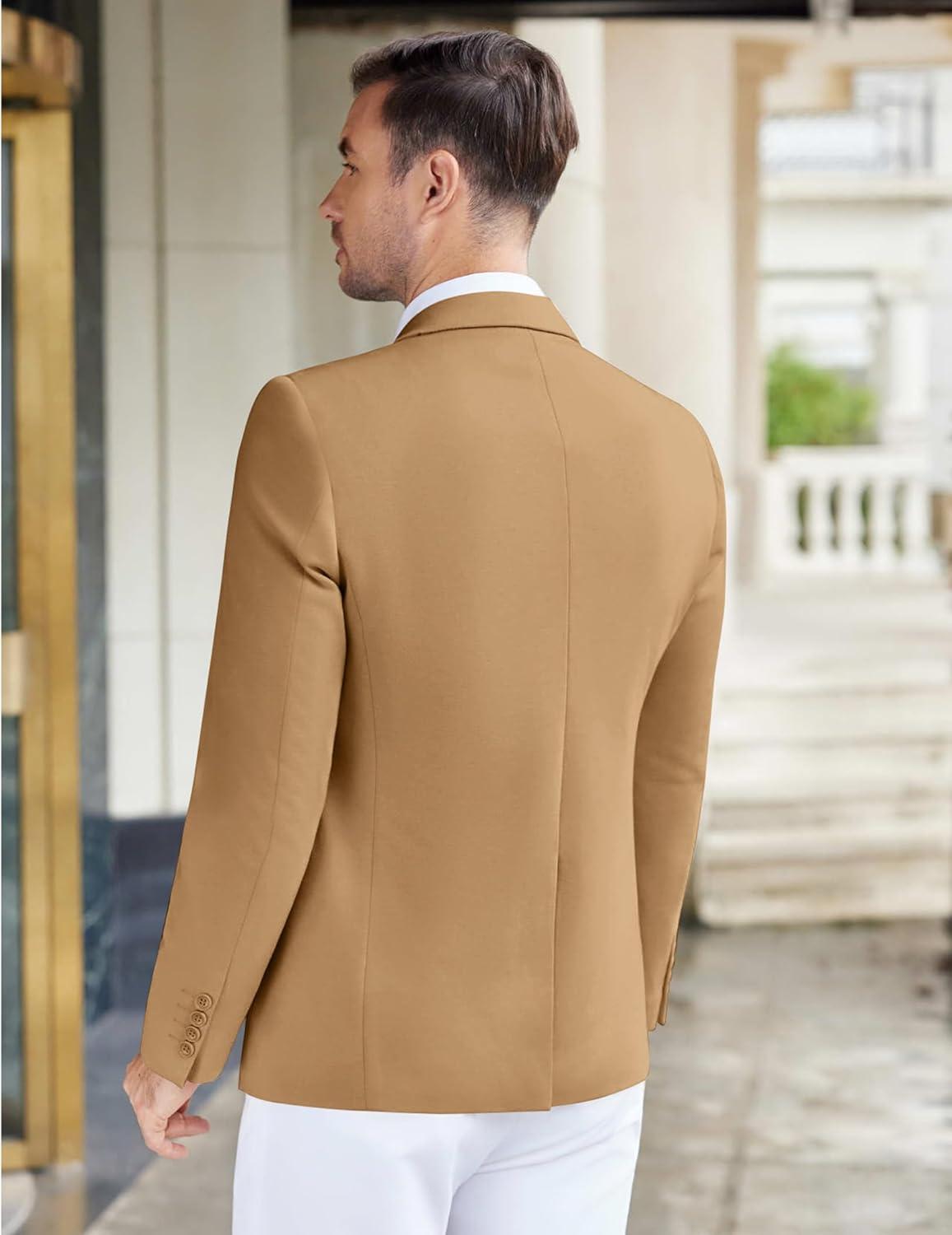 imageCOOFANDY Mens Casual Knit Blazer Stretch Slim Fit Sport Coat Two Button Lightweight Suit JacketsLight Tan