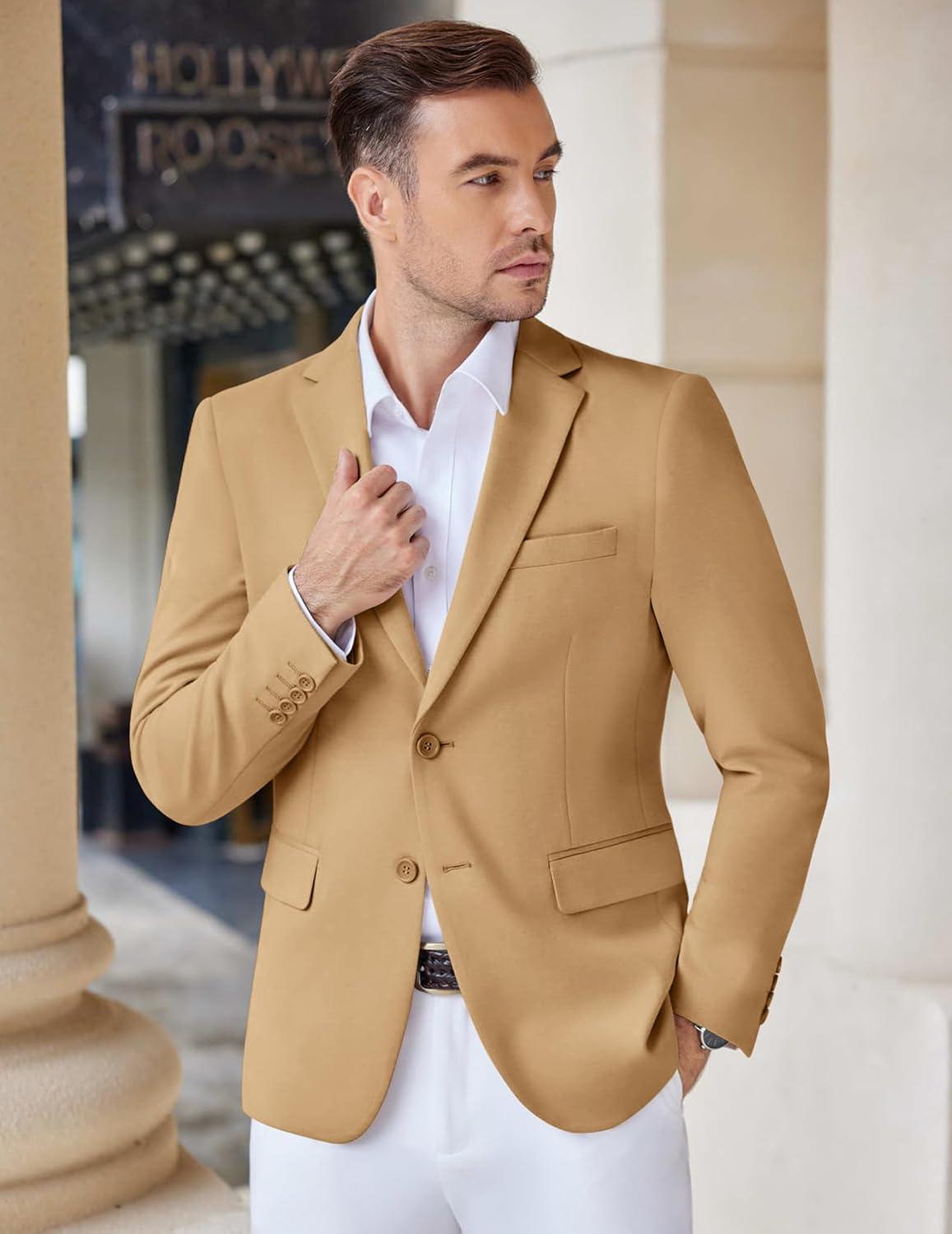 imageCOOFANDY Mens Casual Knit Blazer Stretch Slim Fit Sport Coat Two Button Lightweight Suit JacketsLight Tan