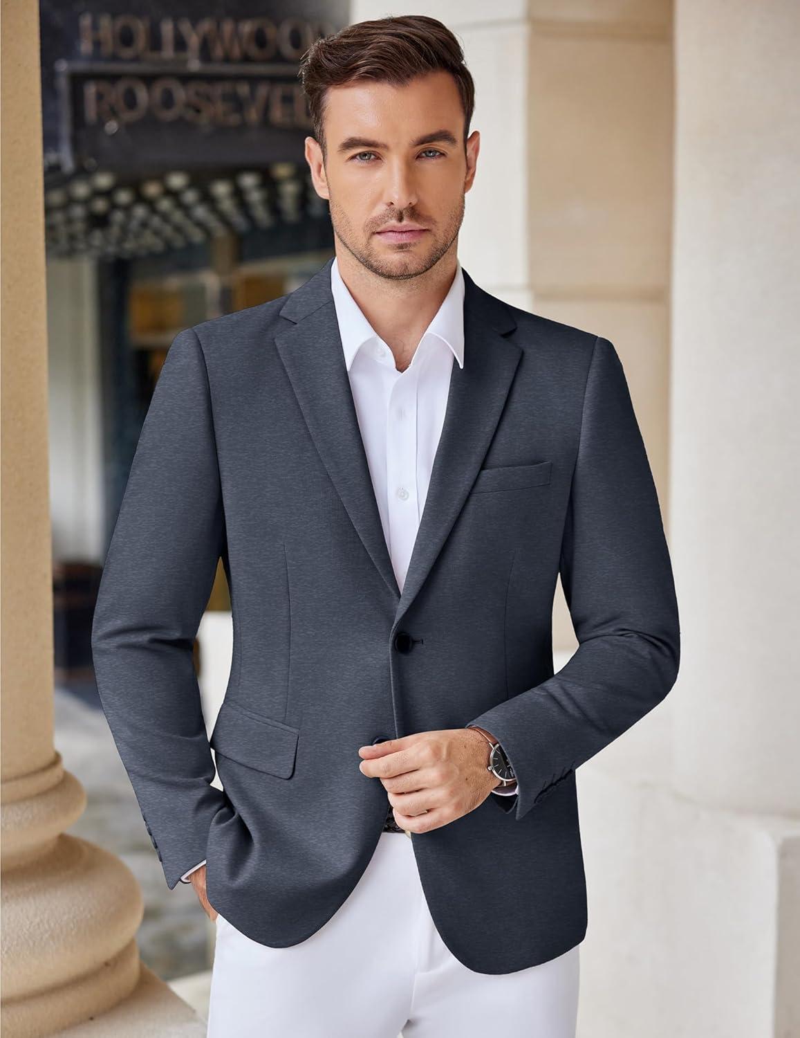 imageCOOFANDY Mens Casual Knit Blazer Stretch Slim Fit Sport Coat Two Button Lightweight Suit JacketsNavy Blue