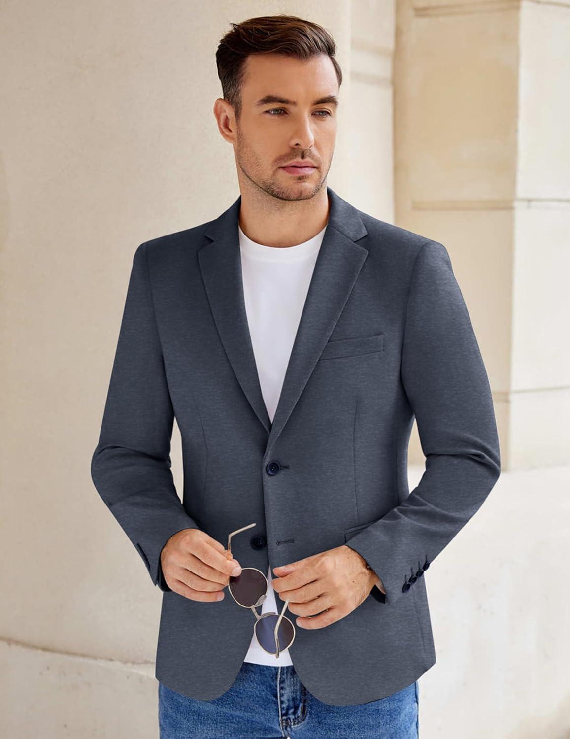 imageCOOFANDY Mens Casual Knit Blazer Stretch Slim Fit Sport Coat Two Button Lightweight Suit JacketsNavy Blue