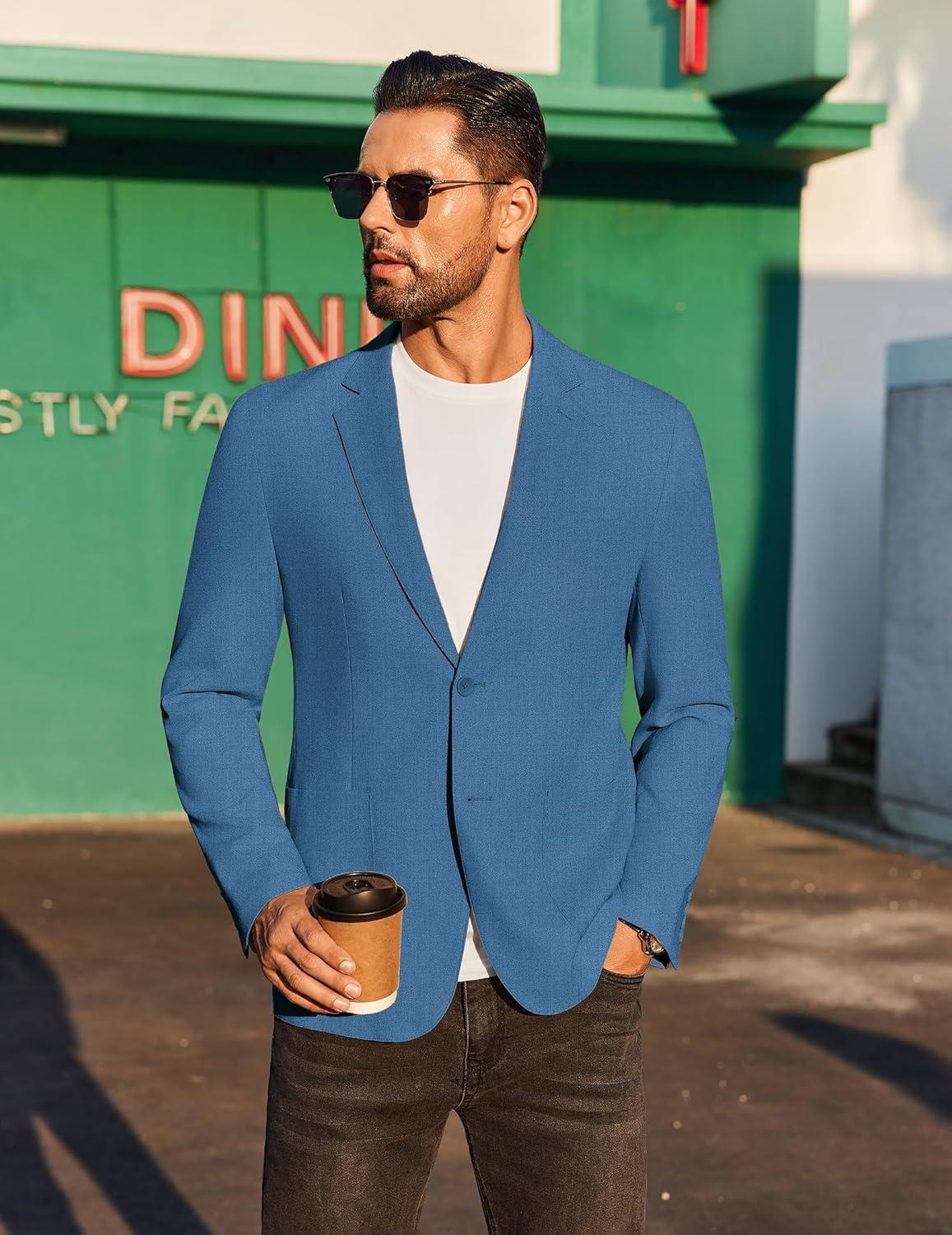 imageCOOFANDY Mens Casual Linen Blazer Jacket Lightweight Sport Coats Two Button Suit JacketsBlue