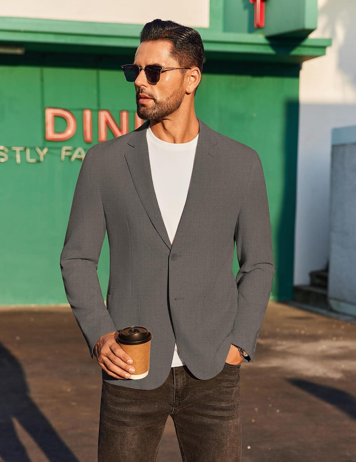 imageCOOFANDY Mens Casual Linen Blazer Jacket Lightweight Sport Coats Two Button Suit JacketsDeep Grey