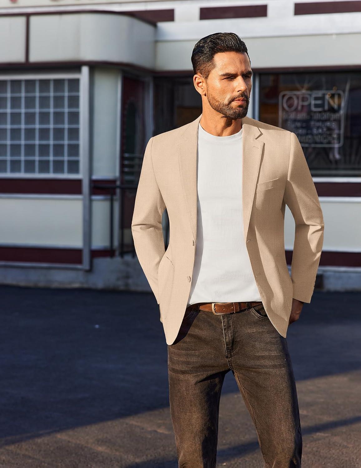 imageCOOFANDY Mens Casual Linen Blazer Jacket Lightweight Sport Coats Two Button Suit JacketsKhaki