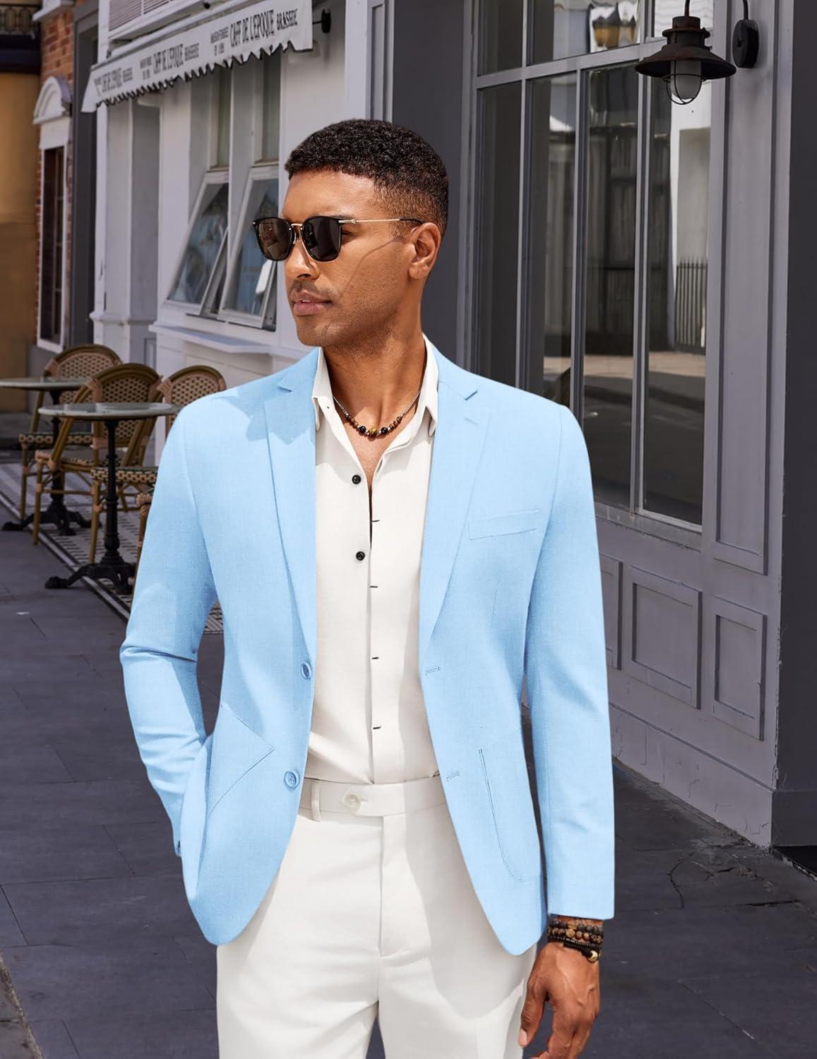 imageCOOFANDY Mens Casual Linen Blazer Jacket Lightweight Sport Coats Two Button Suit JacketsLight Blue