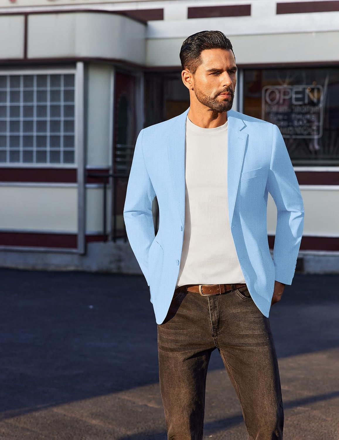imageCOOFANDY Mens Casual Linen Blazer Jacket Lightweight Sport Coats Two Button Suit JacketsLight Blue