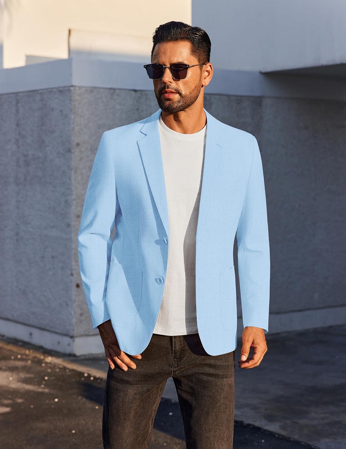 imageCOOFANDY Mens Casual Linen Blazer Jacket Lightweight Sport Coats Two Button Suit JacketsLight Blue