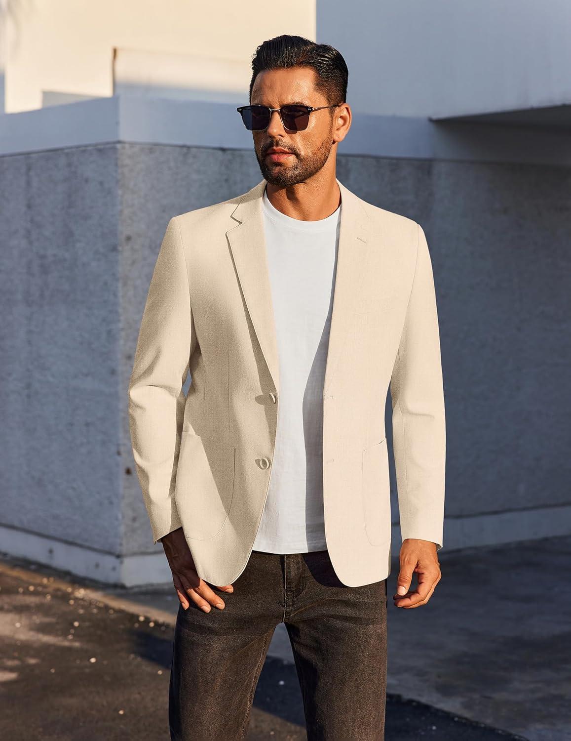 imageCOOFANDY Mens Casual Linen Blazer Jacket Lightweight Sport Coats Two Button Suit JacketsLight Khaki