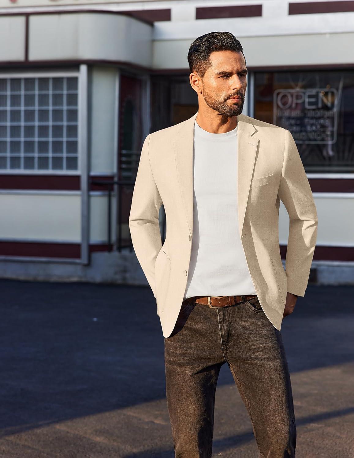 imageCOOFANDY Mens Casual Linen Blazer Jacket Lightweight Sport Coats Two Button Suit JacketsLight Khaki