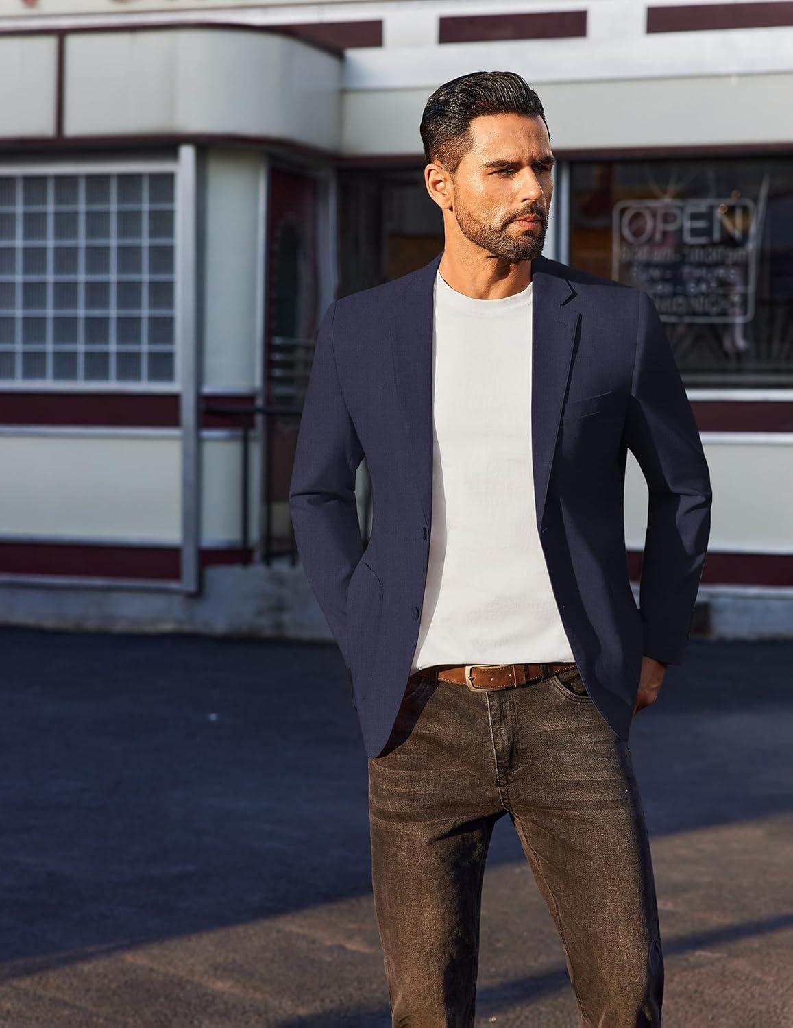 imageCOOFANDY Mens Casual Linen Blazer Jacket Lightweight Sport Coats Two Button Suit JacketsNavy Blue