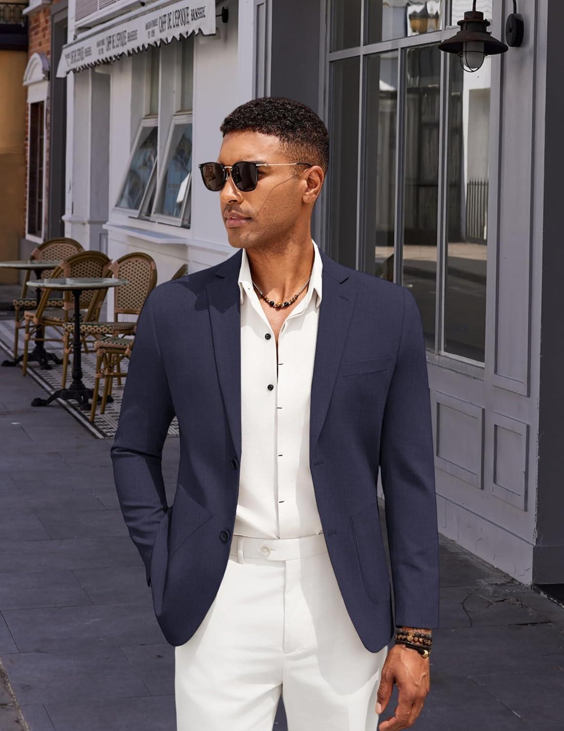 imageCOOFANDY Mens Casual Linen Blazer Jacket Lightweight Sport Coats Two Button Suit JacketsNavy Blue