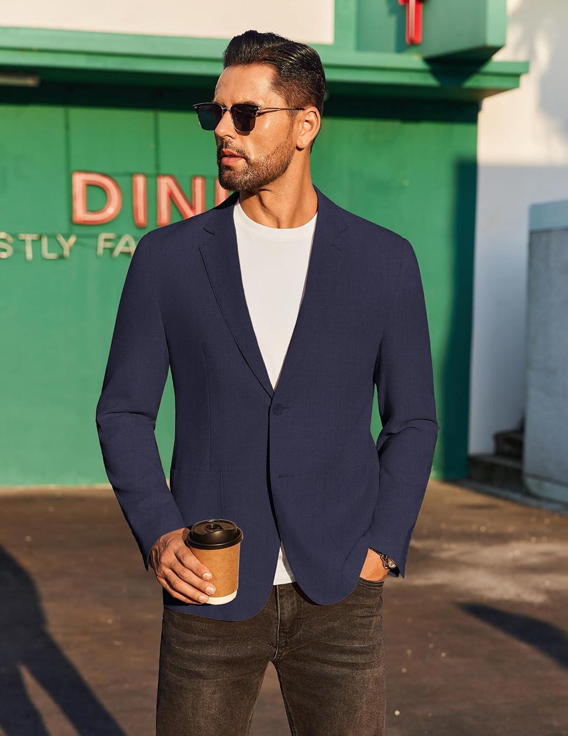 imageCOOFANDY Mens Casual Linen Blazer Jacket Lightweight Sport Coats Two Button Suit JacketsNavy Blue
