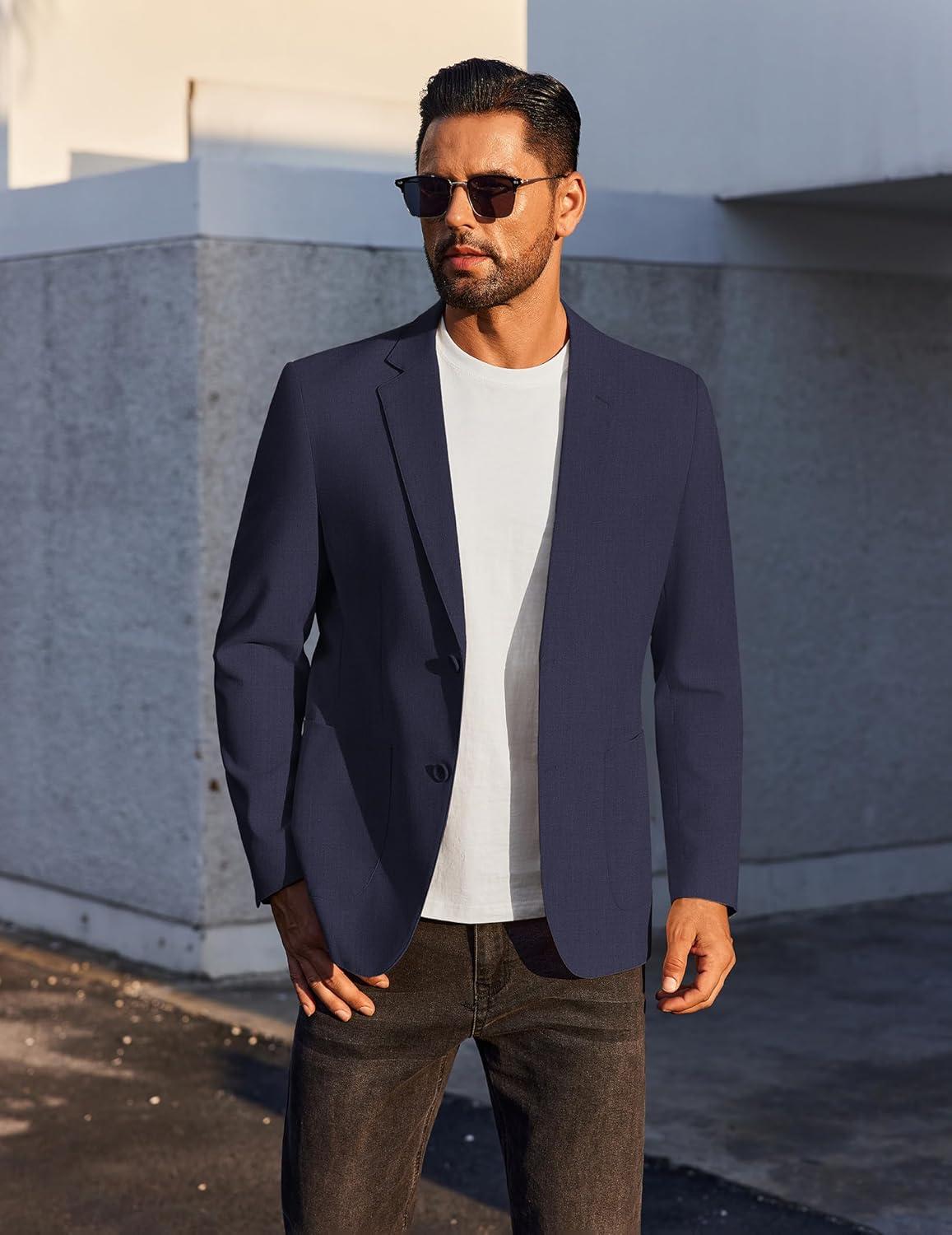 imageCOOFANDY Mens Casual Linen Blazer Jacket Lightweight Sport Coats Two Button Suit JacketsNavy Blue
