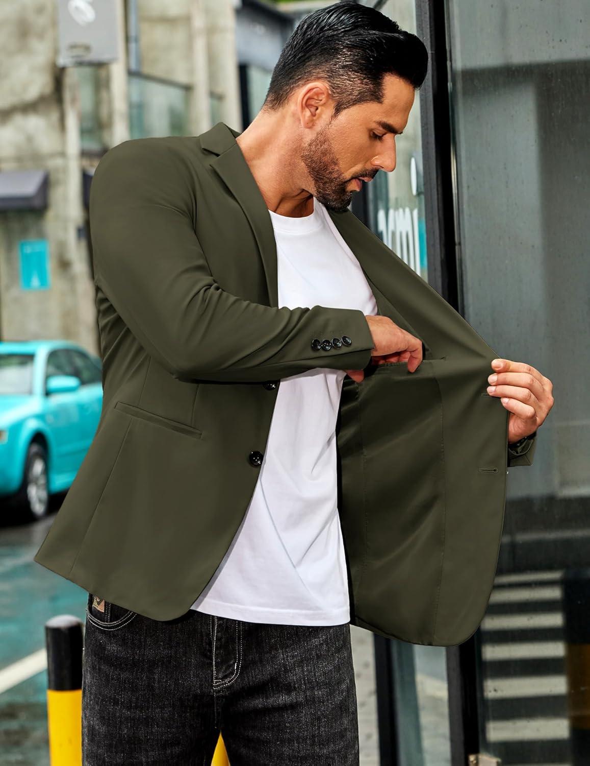 imageCOOFANDY Mens Casual Stretch Blazer Jacket Regular Fit Lightweight Sport Coat Two Button Suit JacketsArmy Green
