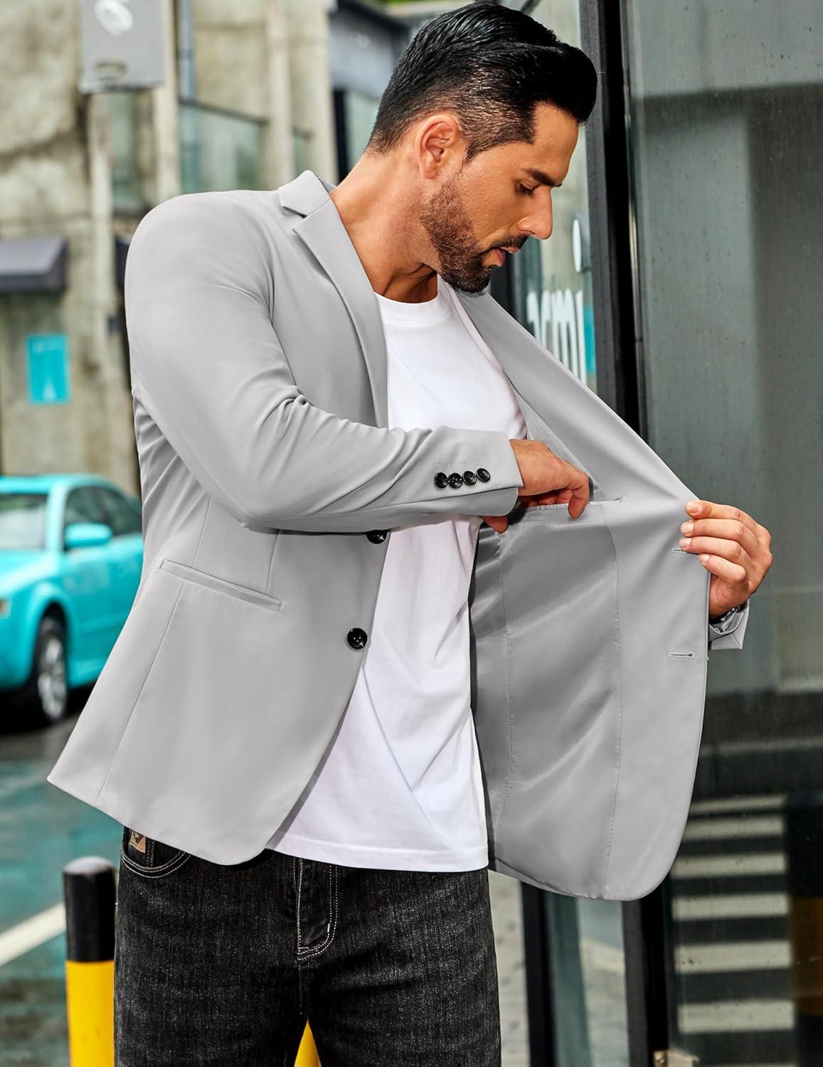imageCOOFANDY Mens Casual Stretch Blazer Jacket Regular Fit Lightweight Sport Coat Two Button Suit JacketsLight Grey