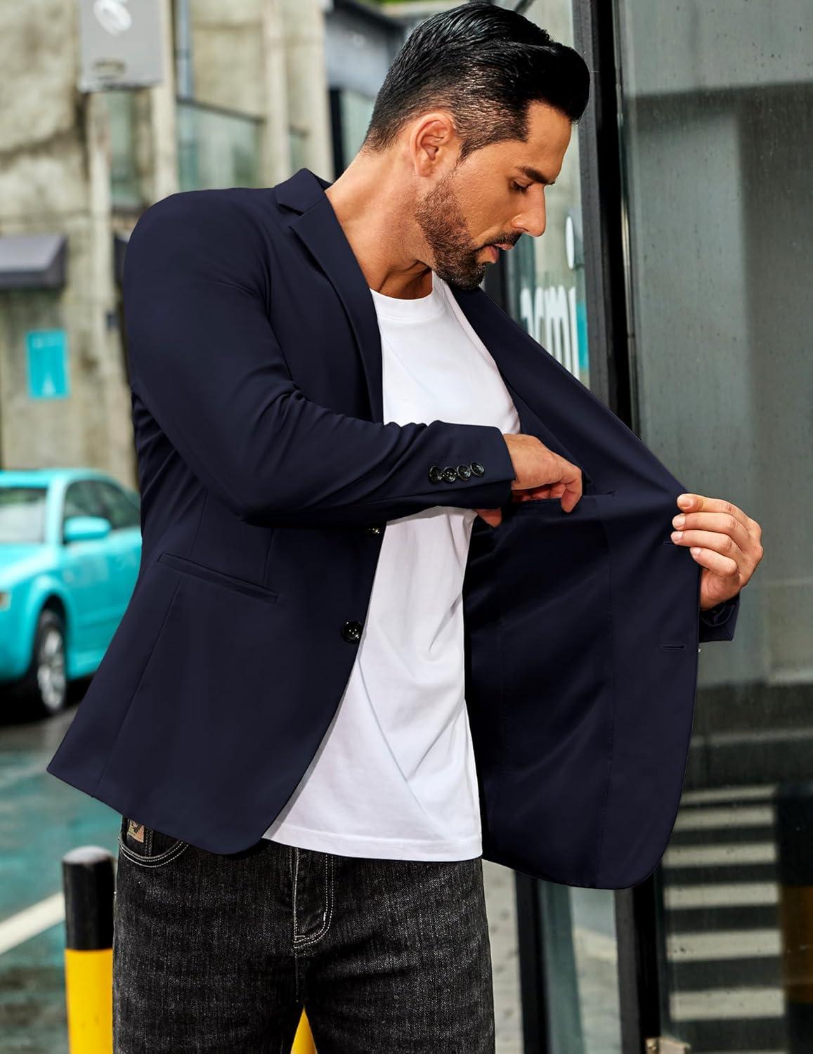 imageCOOFANDY Mens Casual Stretch Blazer Jacket Regular Fit Lightweight Sport Coat Two Button Suit JacketsNavy Blue